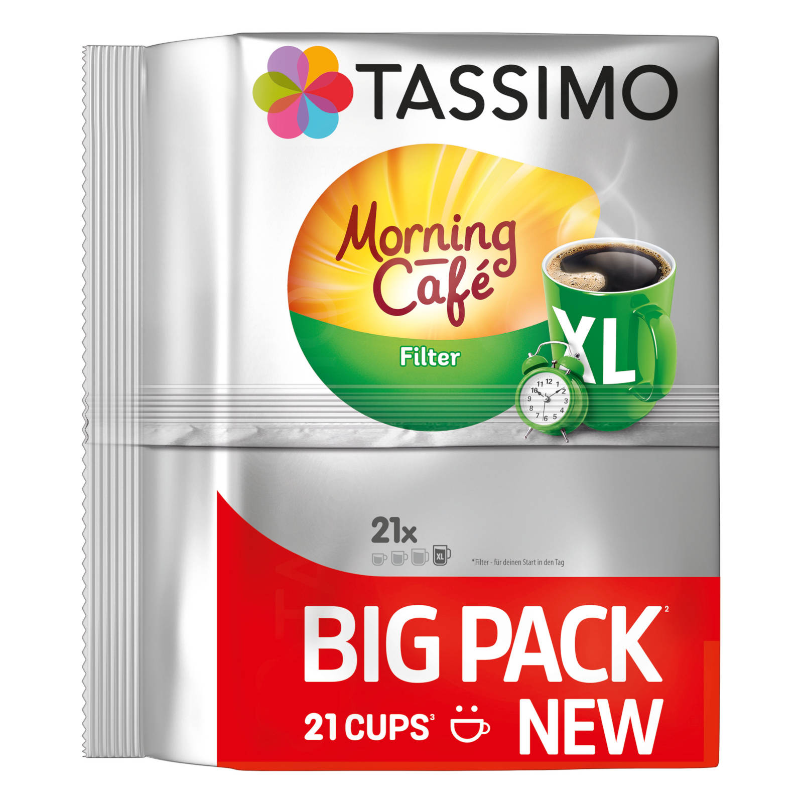Tassimo-Kaffeepackung mit 'Morning Café' und '21 Tassen' auf der Vorderseite.