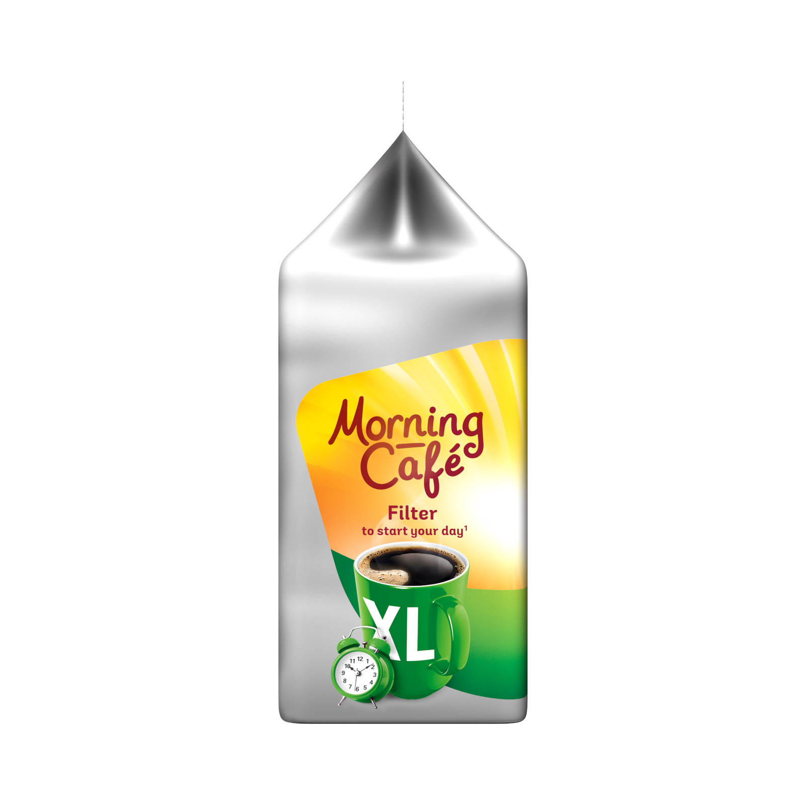 Eine silberne Packung Morning Cafe Filterkaffee mit einer grünen Kaffeetasse und einem Wecker.