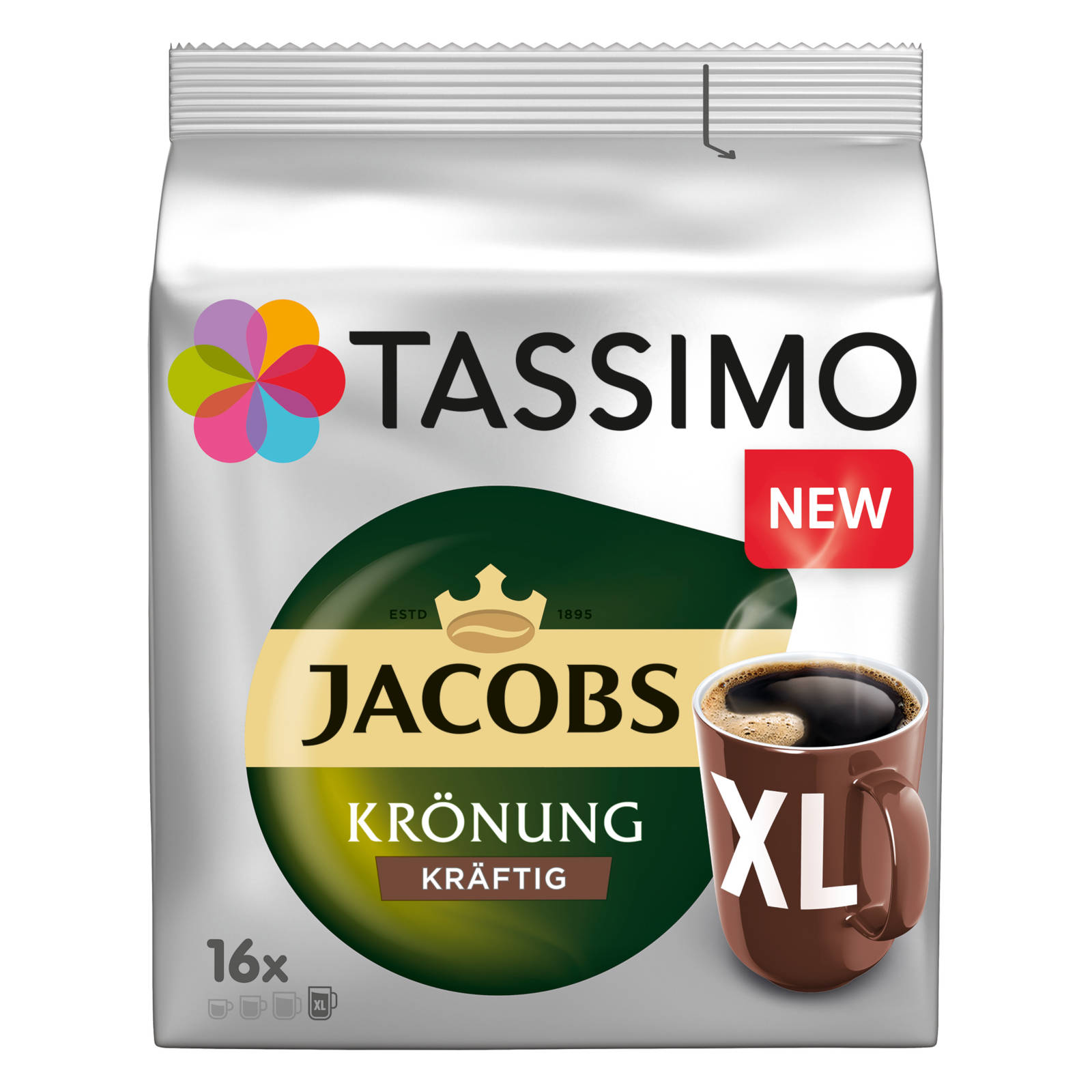 Tassimo Jacobs Krönung Kaffeepads in silberner Tüte mit Bild einer braunen Tasse.