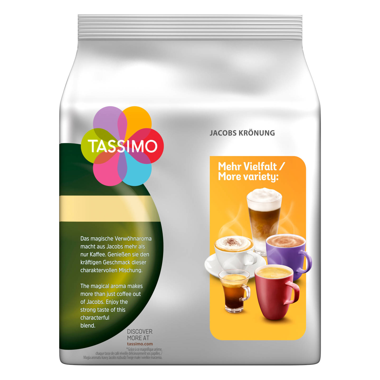 Kaffeepackung mit Tassimo-Logo und Bildern verschiedener Kaffeegetränke. Text auf Deutsch.