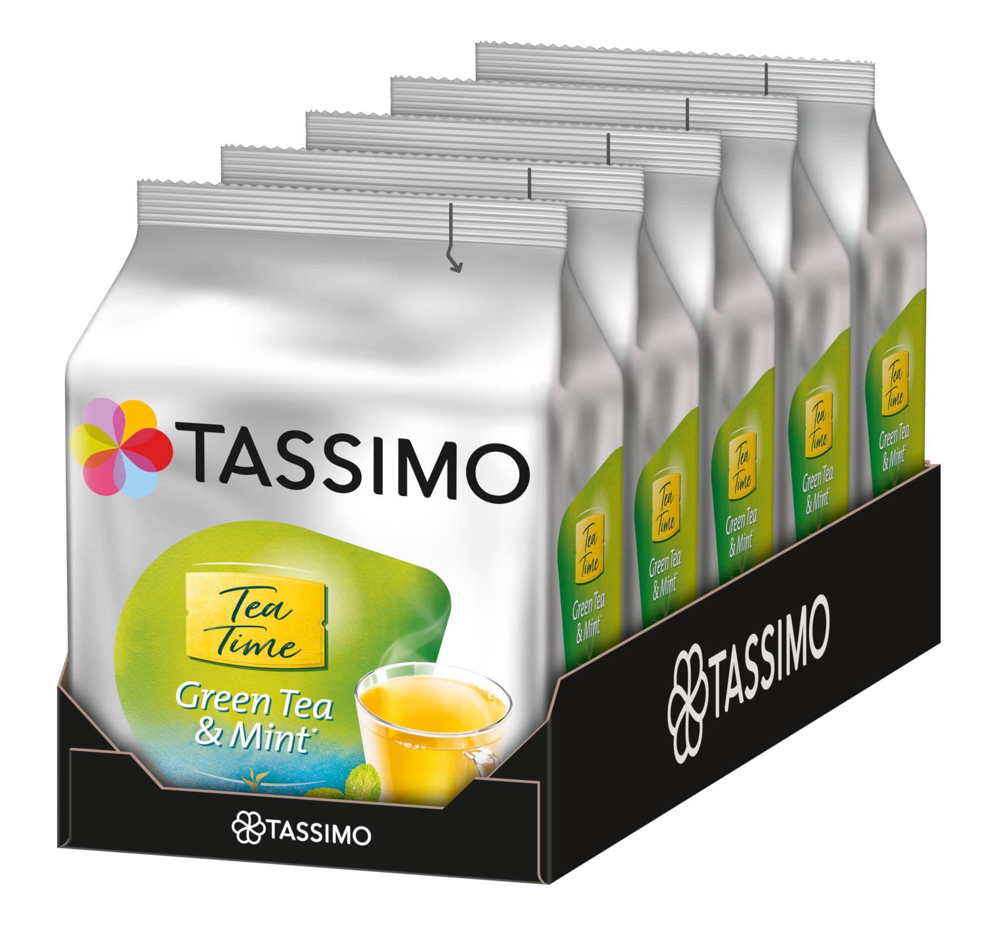 Packungen mit Grünem Tee & Minztee. Das Tassimo-Logo ist sichtbar.