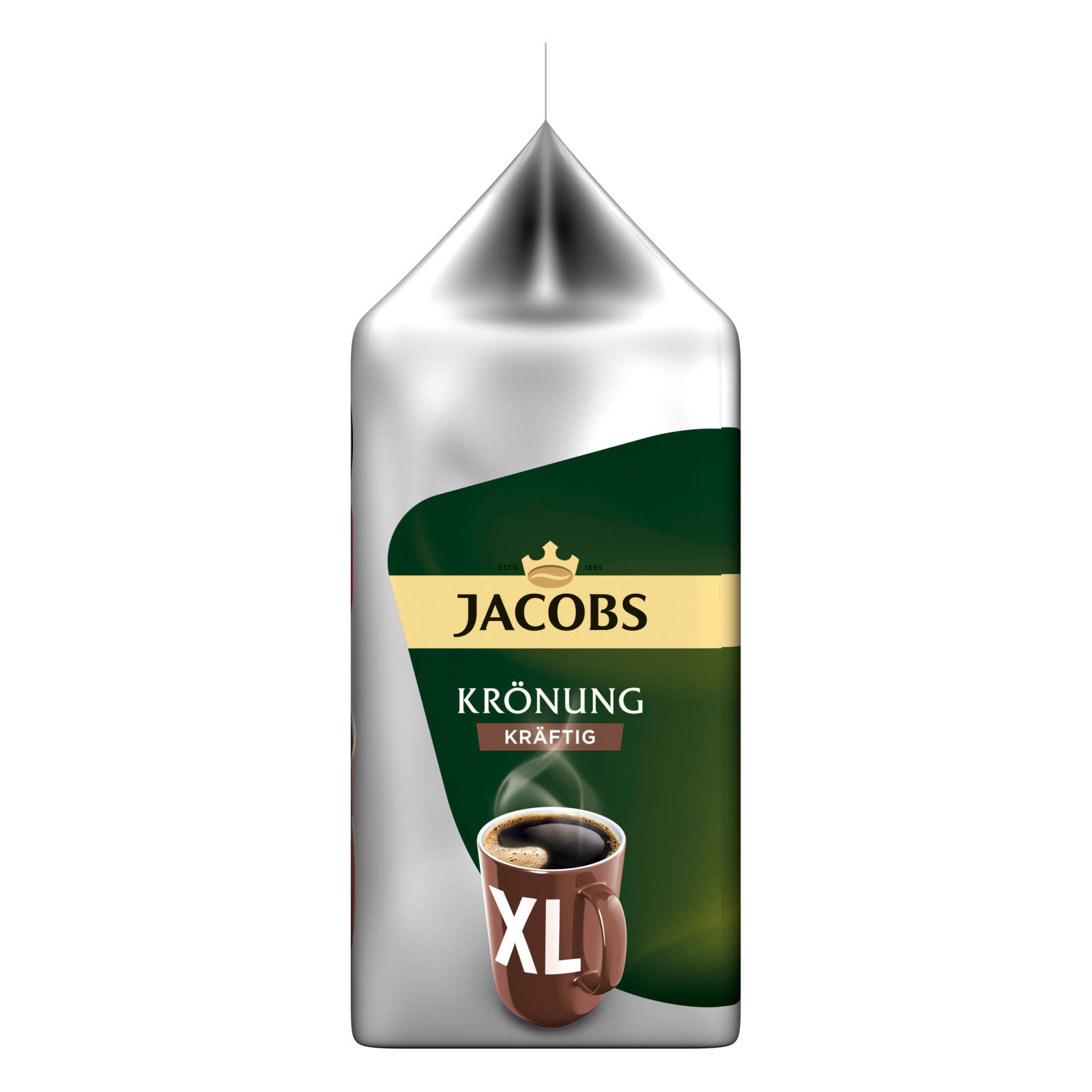 Eine Tüte Jacobs Kaffee. Das Etikett lautet 'Krönung Kräftig' und zeigt eine Kaffeetasse.