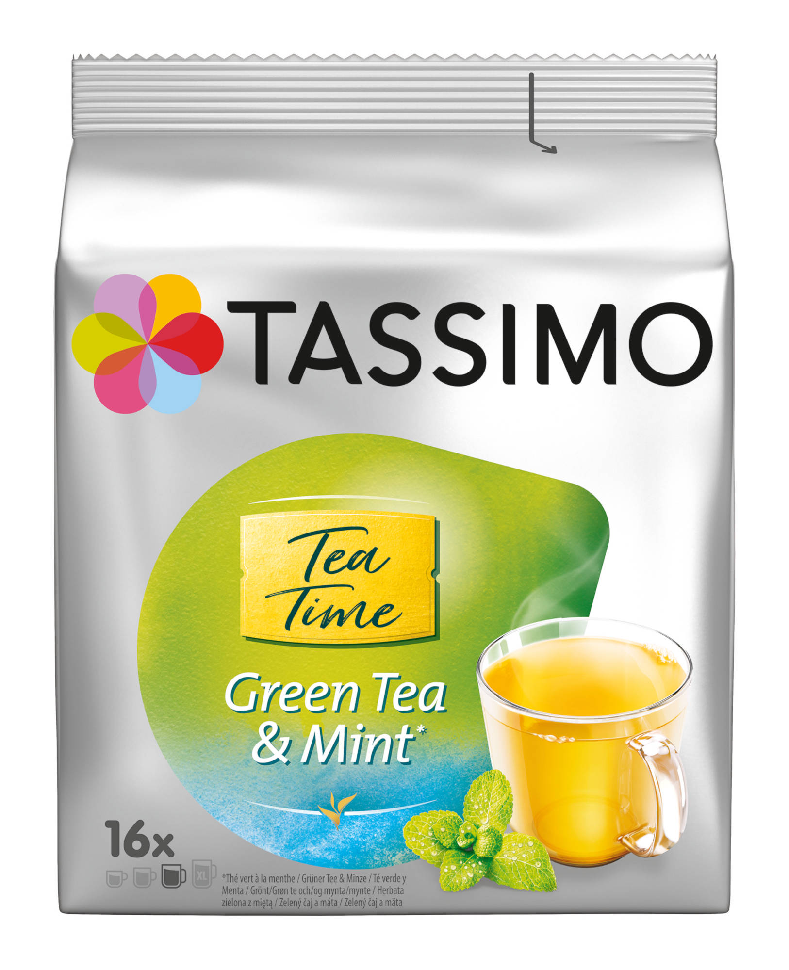 Eine Tassimo-Tüte mit grünem Hintergrund und einer Tasse Tee.