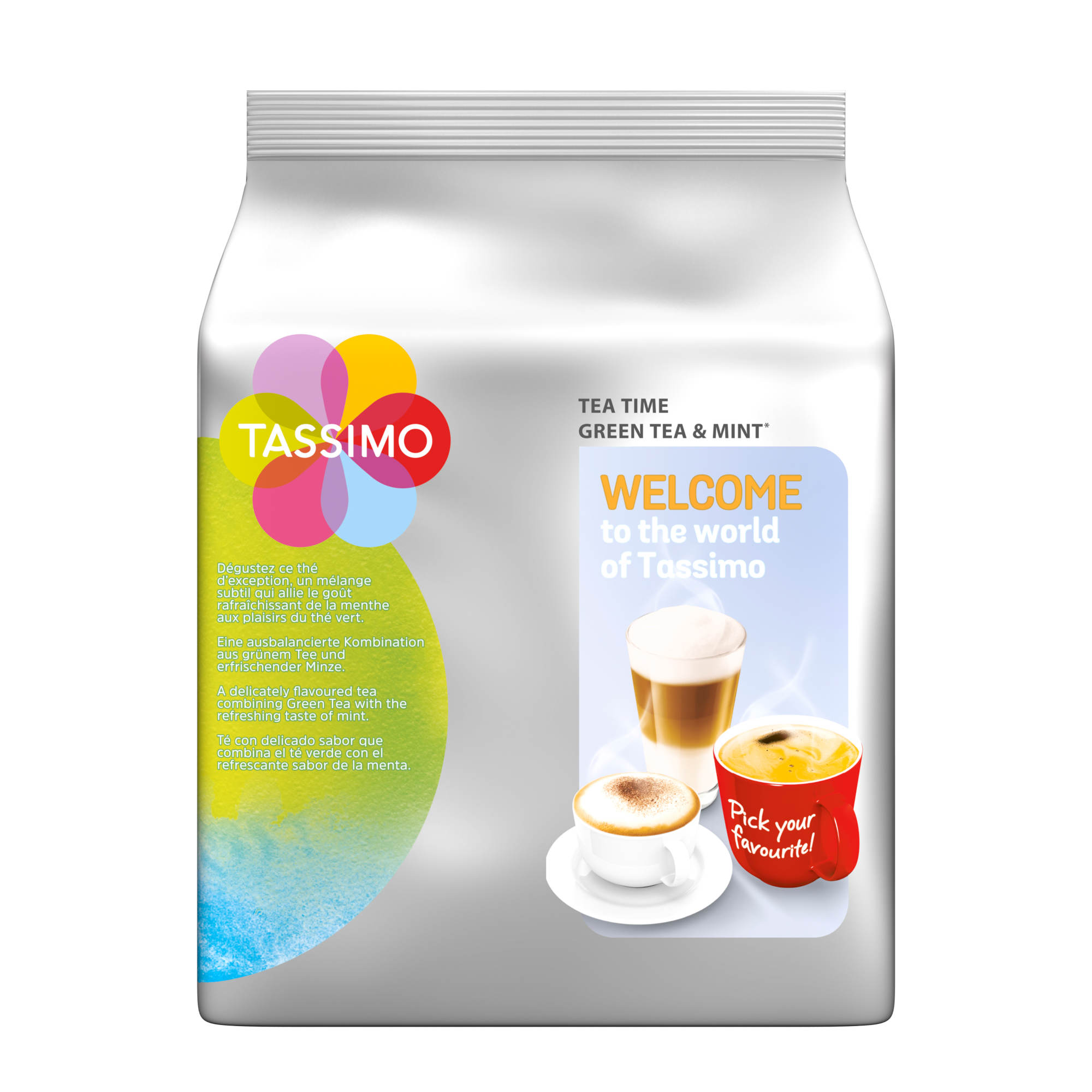 Eine Tassimo Teebeutelpackung mit Kaffee- und Teebechern auf der Verpackung.
