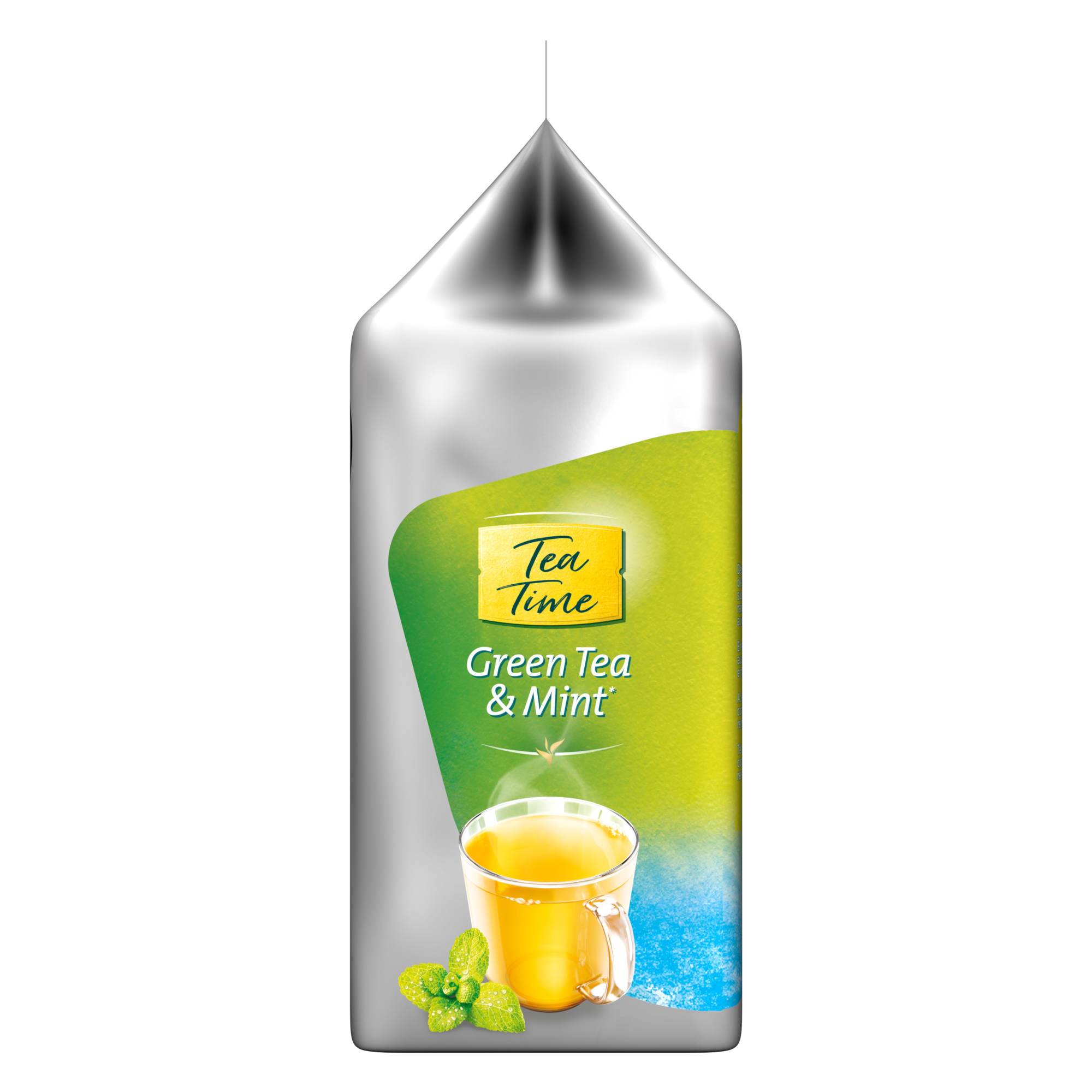 Eine Packung Tea Time Grüner Tee & Minze wird vor weißem Hintergrund gezeigt.