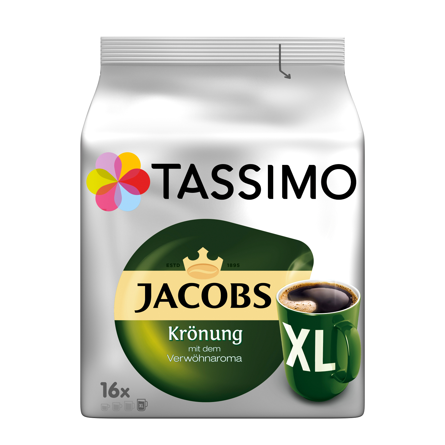 Tassimo Jacobs Krönung Kaffeepads-Packung mit einer Tasse Kaffee und einem bunten Logo.