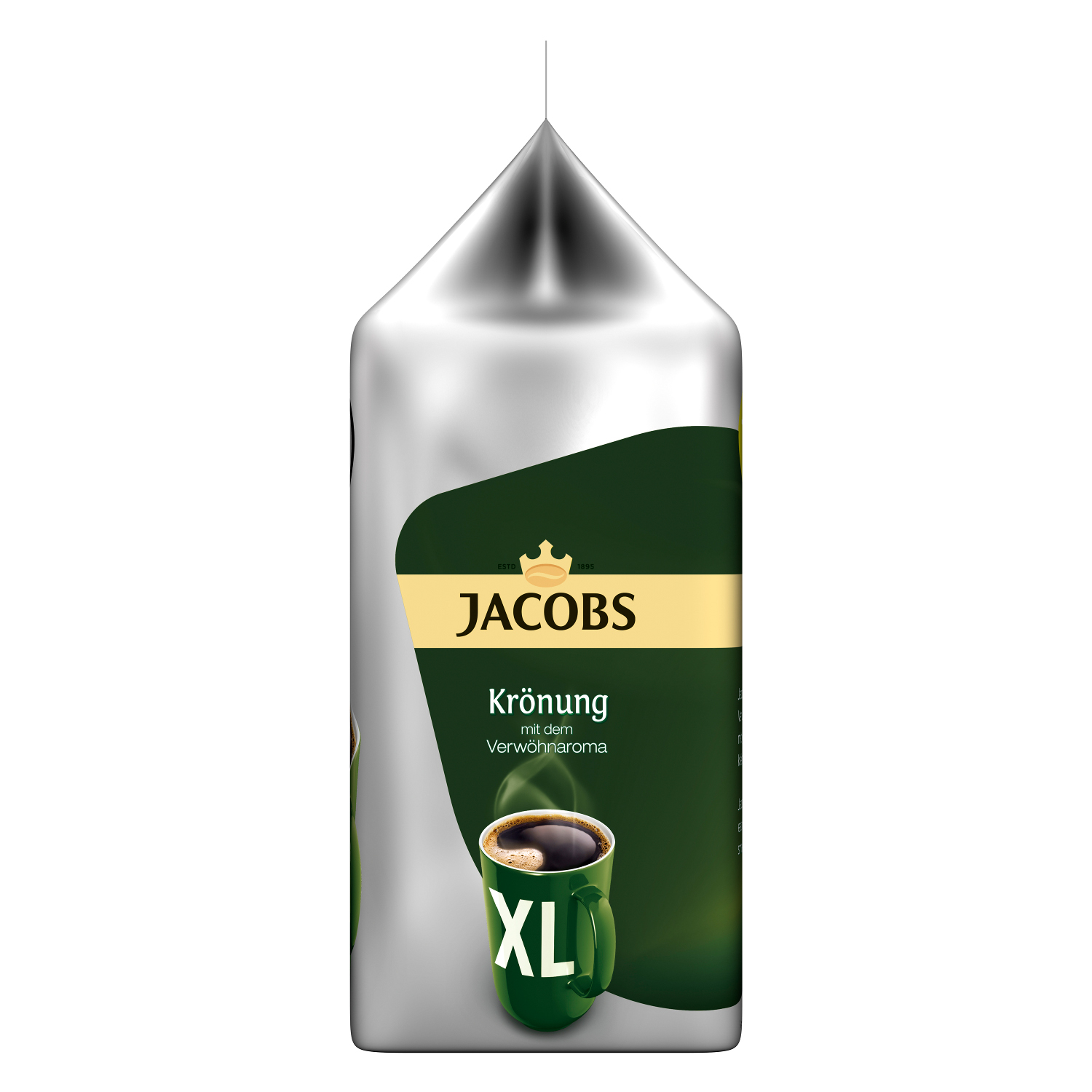 Jacobs Krönung Kaffeeverpackung mit grünem Becher und Kaffeetasse darauf.