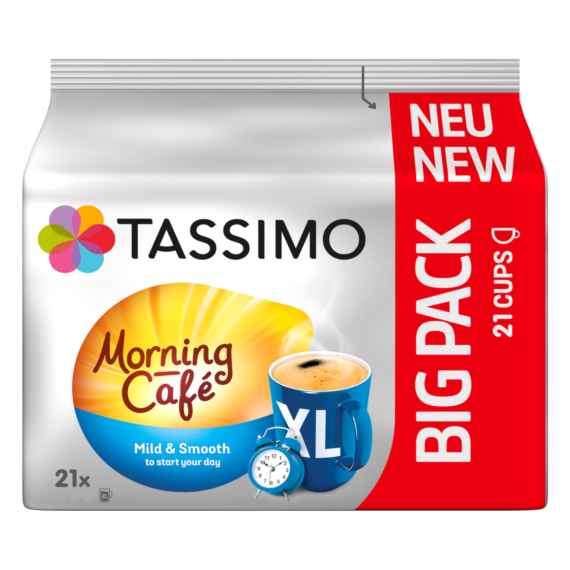 Tassimo Morning Cafe Kaffeepackung mit Tasse, Uhr und Logo auf weißem Hintergrund.