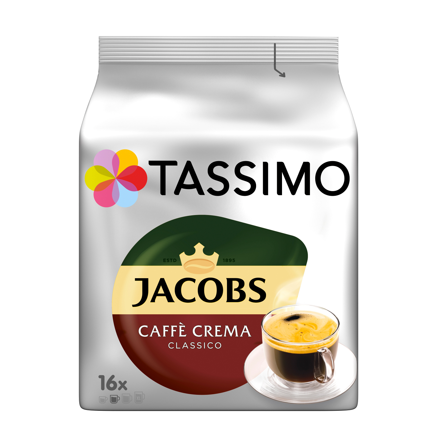 Una busta bianca di caffè Jacobs con una tazza di caffè e il logo Tassimo.