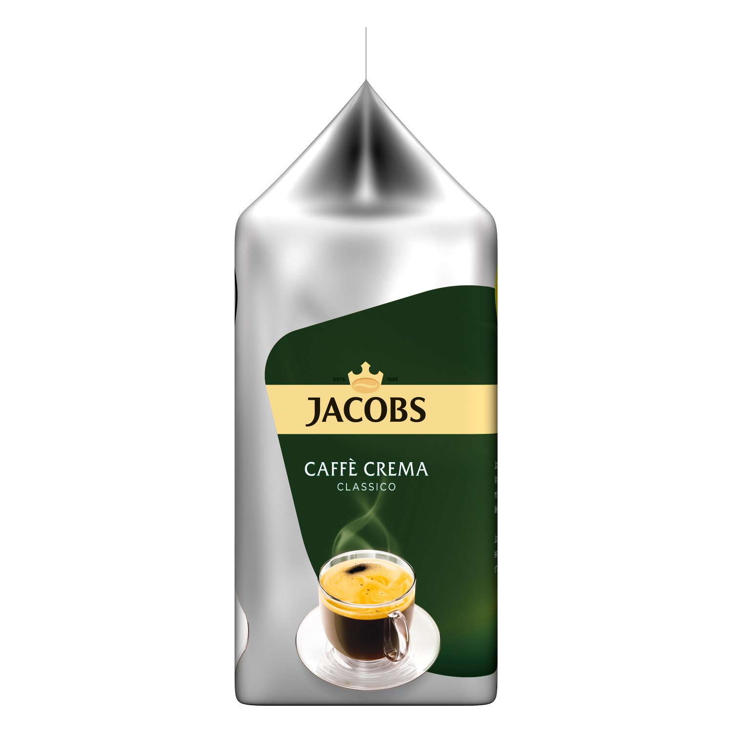 Un sacchetto di caffè argentato con 'JACOBS' e una tazza di caffè con vapore.