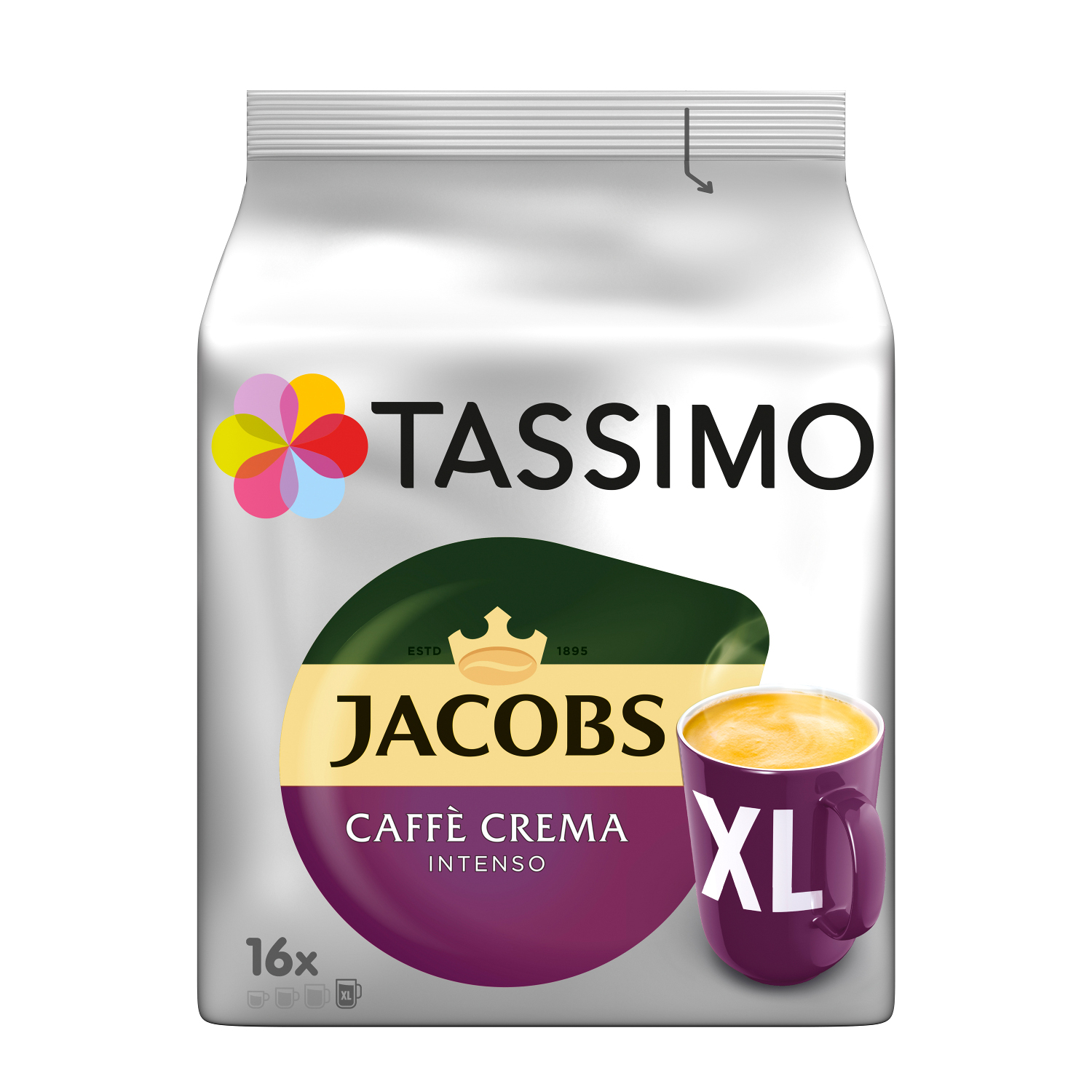 Tassimo Jacobs Kaffeepads-Verpackung mit lila Tassengrafik und farbenfrohem Logo.
