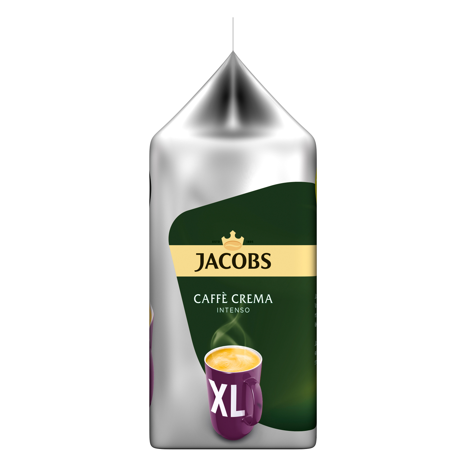 Silberne Jacobs Caffe Crema Kaffeetüte mit Kaffeetassen-Illustration und Text.