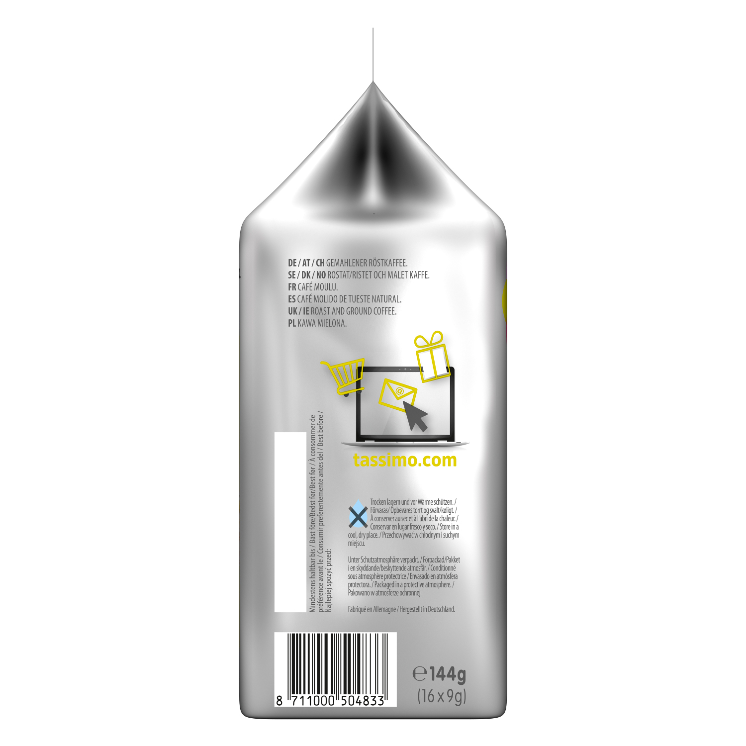 Rückseite der Jacobs Kaffeetüte, silberfarben, mit Text in mehreren Sprachen und Grafik.