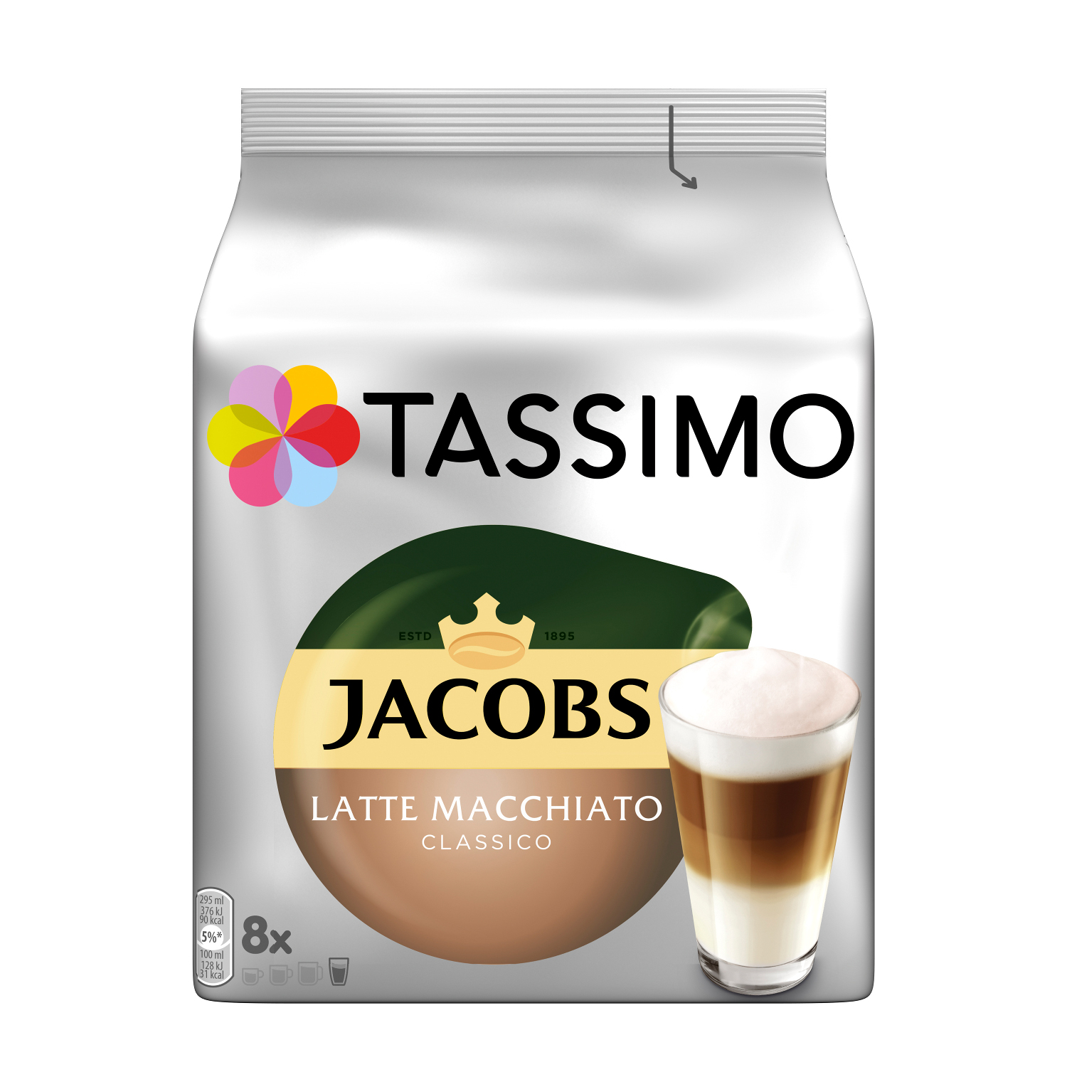 Eine Tassimo Jacobs Latte Macchiato Kaffee-Packung mit einer Tasse Kaffee.