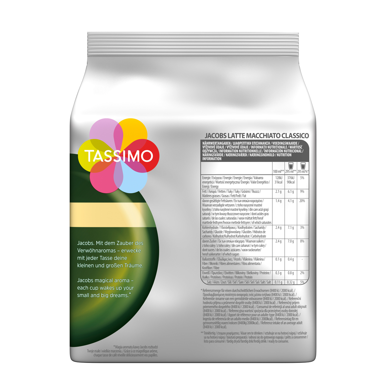 Eine weiße Tassimo-Kaffeetüte mit Nährwertangaben. Text und Tabellen sind sichtbar.