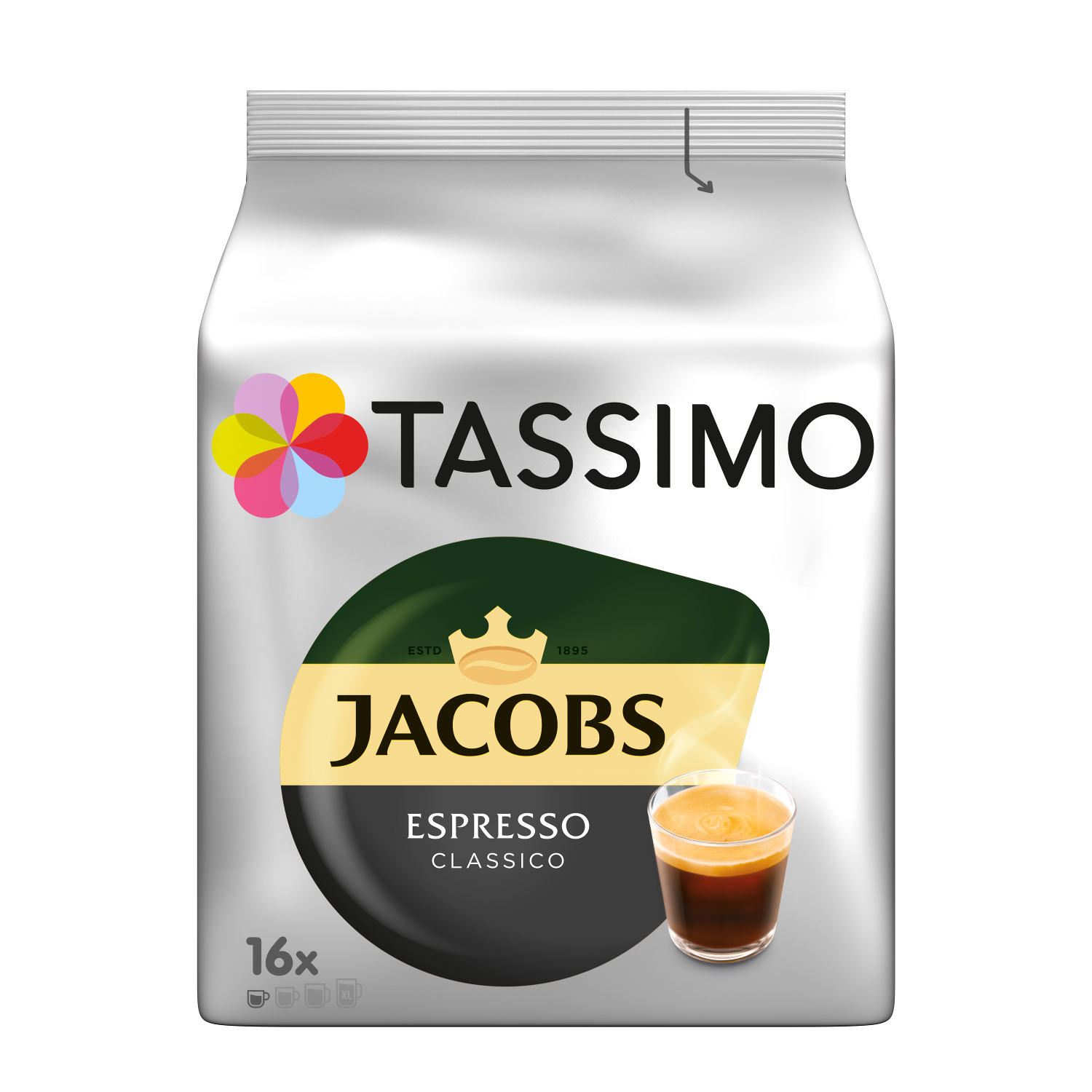 Eine Tassimo Jacobs Espresso Classico Kaffeepad-Verpackung mit einer Kaffeetasse.