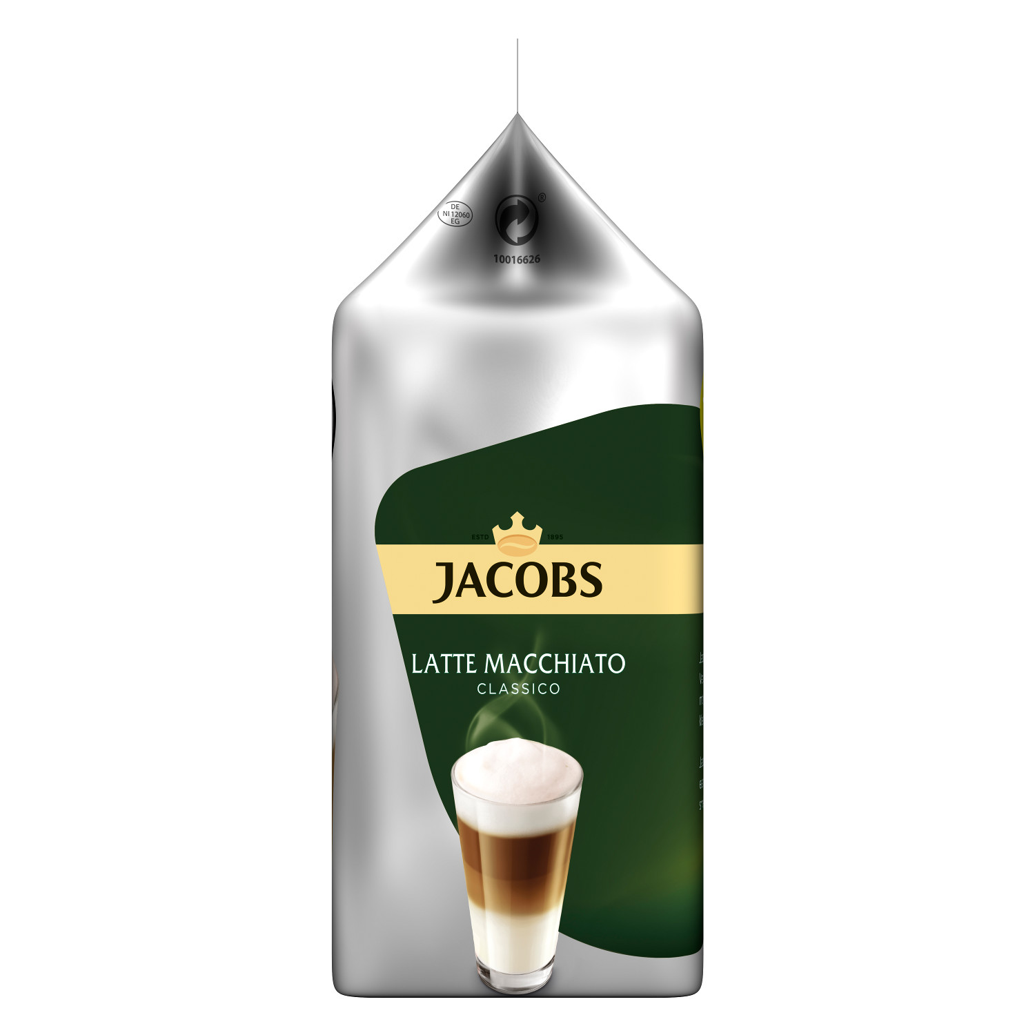 Die Rückseite einer Tassimo Jacobs Latte Macchiato Kaffee-Packung mit einer Tasse Kaffee.