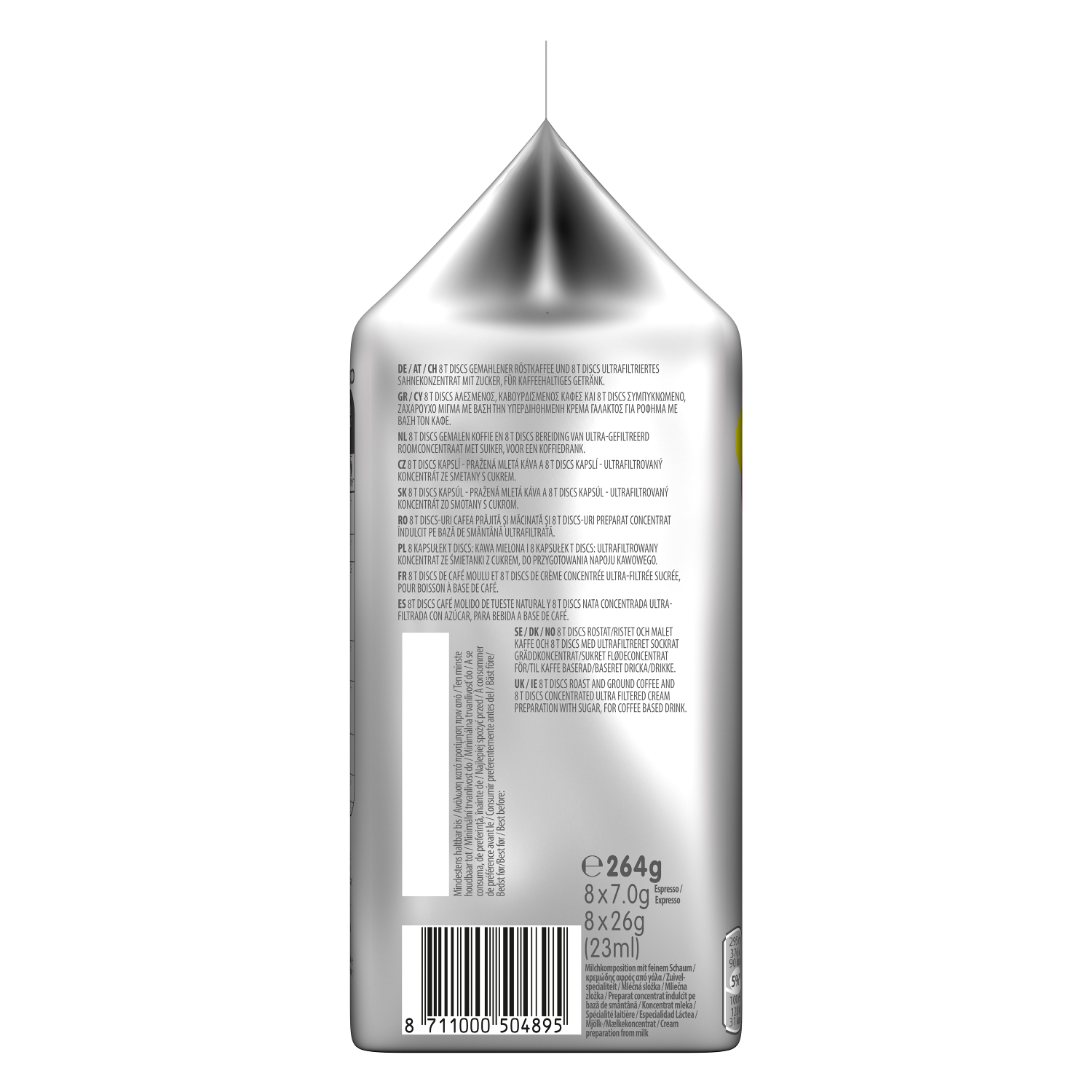 Rückseite eines Kaffee-Sahne-Kartons mit Text in mehreren Sprachen, Barcode und Produktbild.