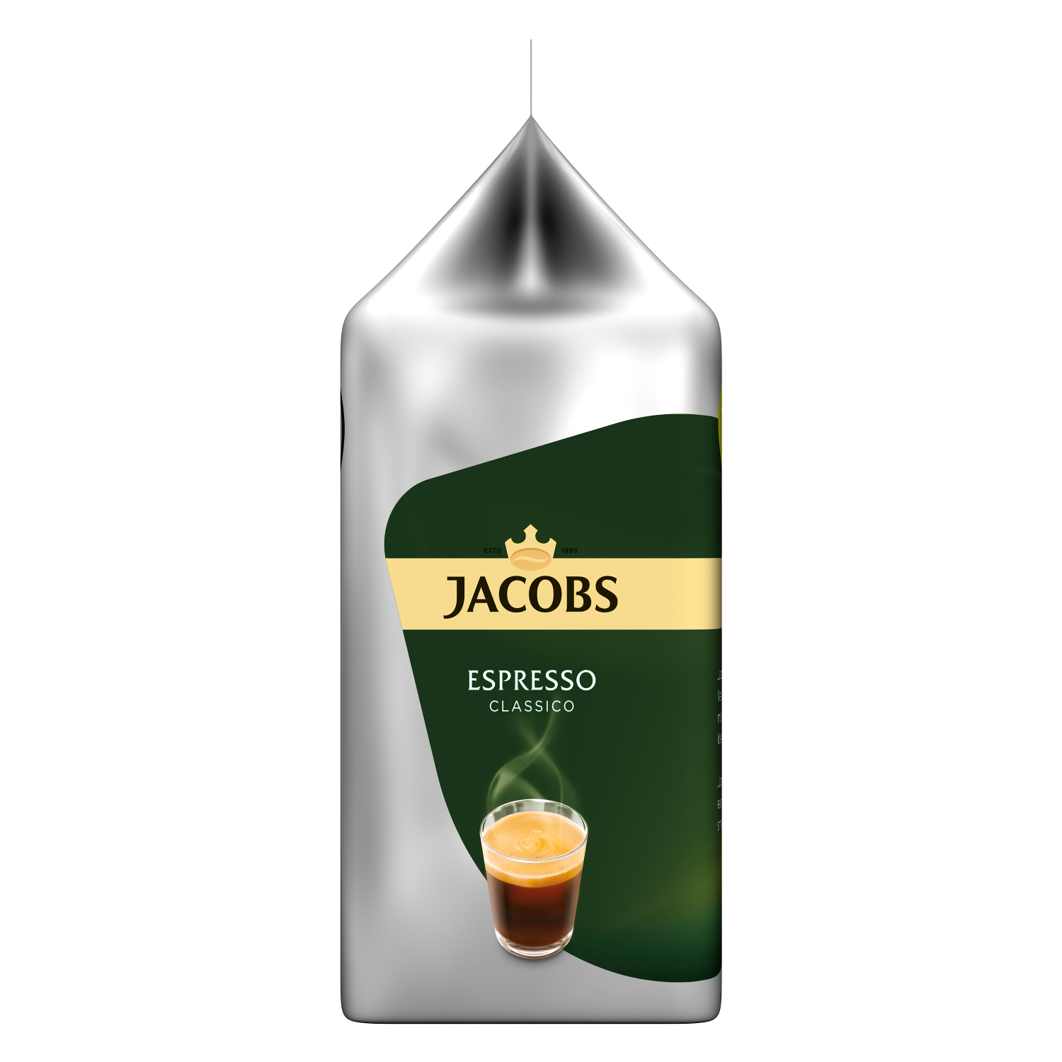 Silberne Tüte Jacobs Espresso Classico mit Kaffee im Glas.