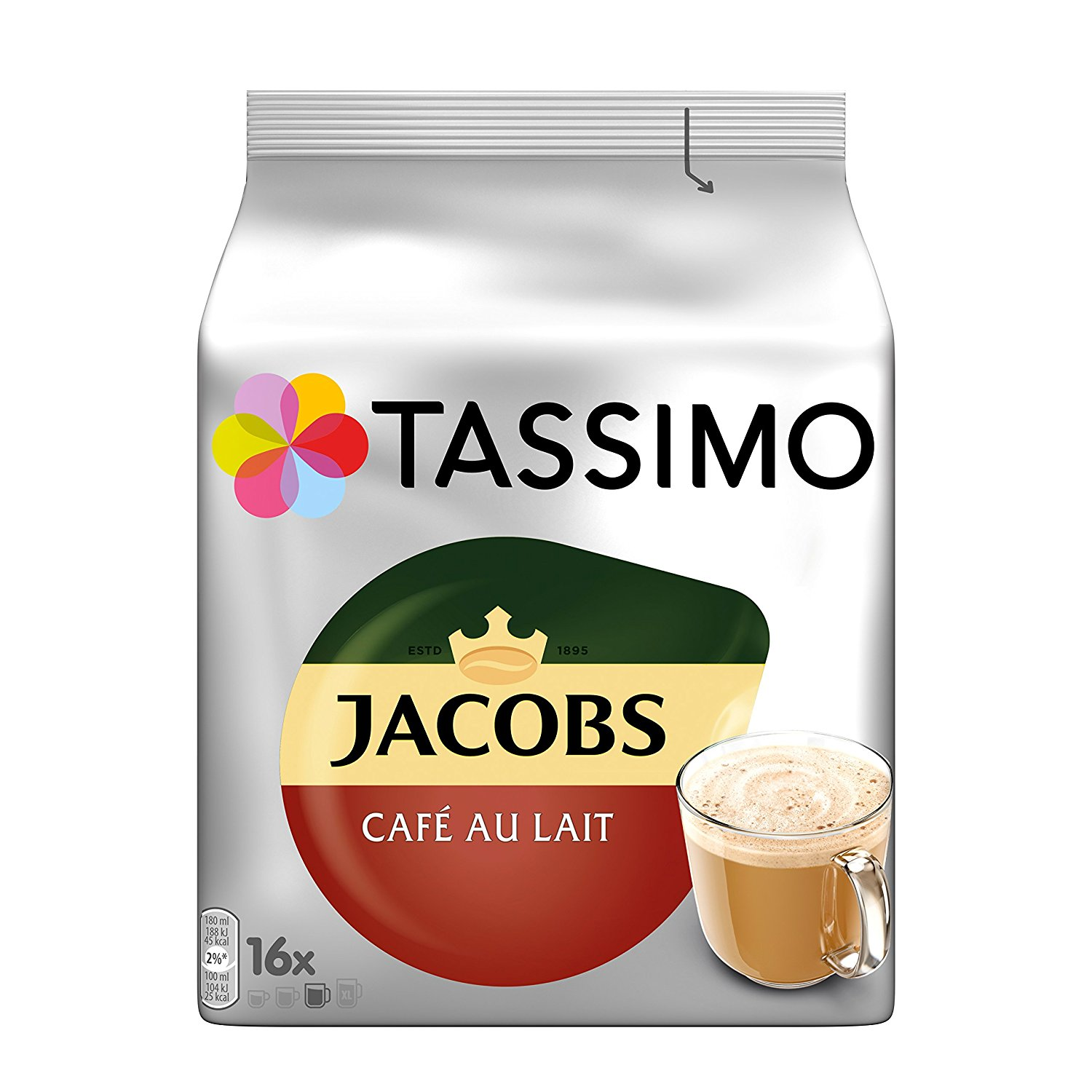 Tassimo Kaffeepackung mit Jacobs Cafe au Lait. Enthält ein klares Bild einer Tasse Kaffee.