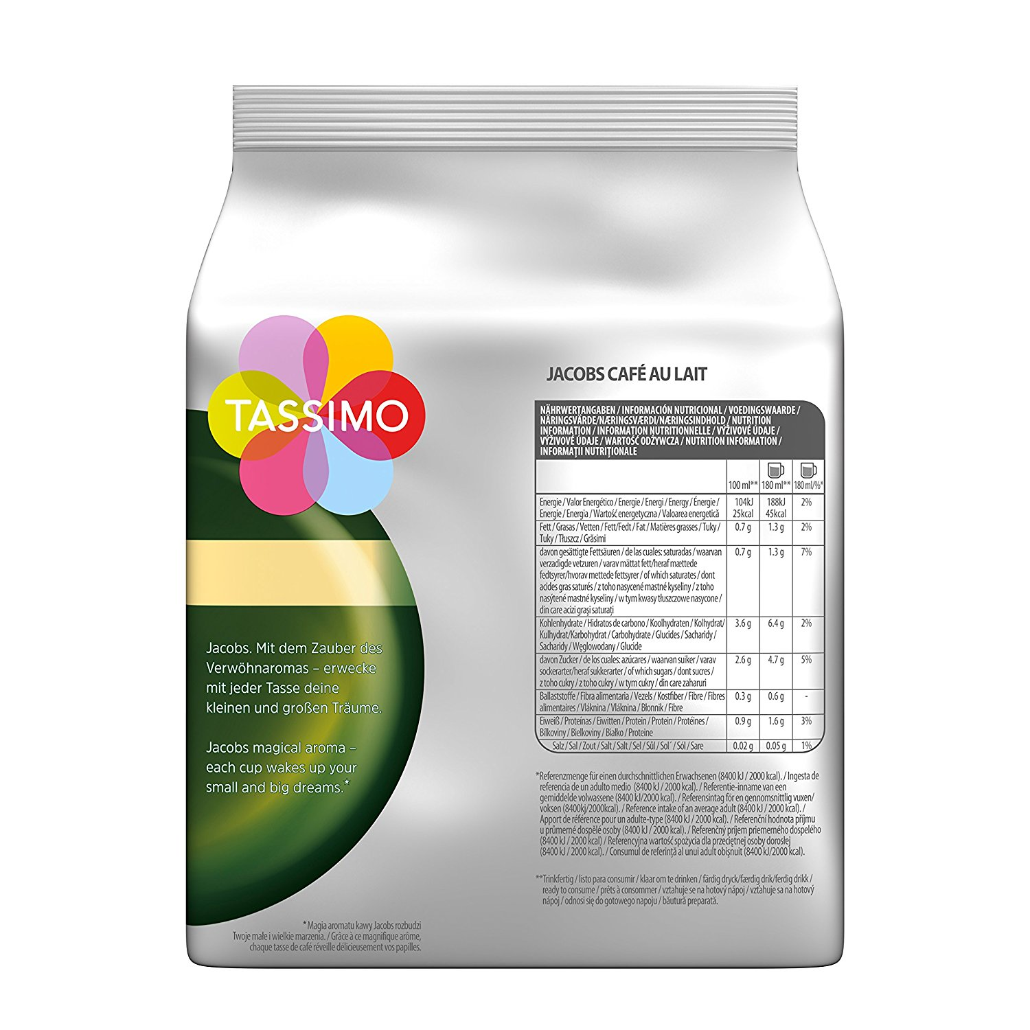 Tassimo Jacobs Café au Lait Packung. Weiße und grüne Farben, mit Nährwertangaben.