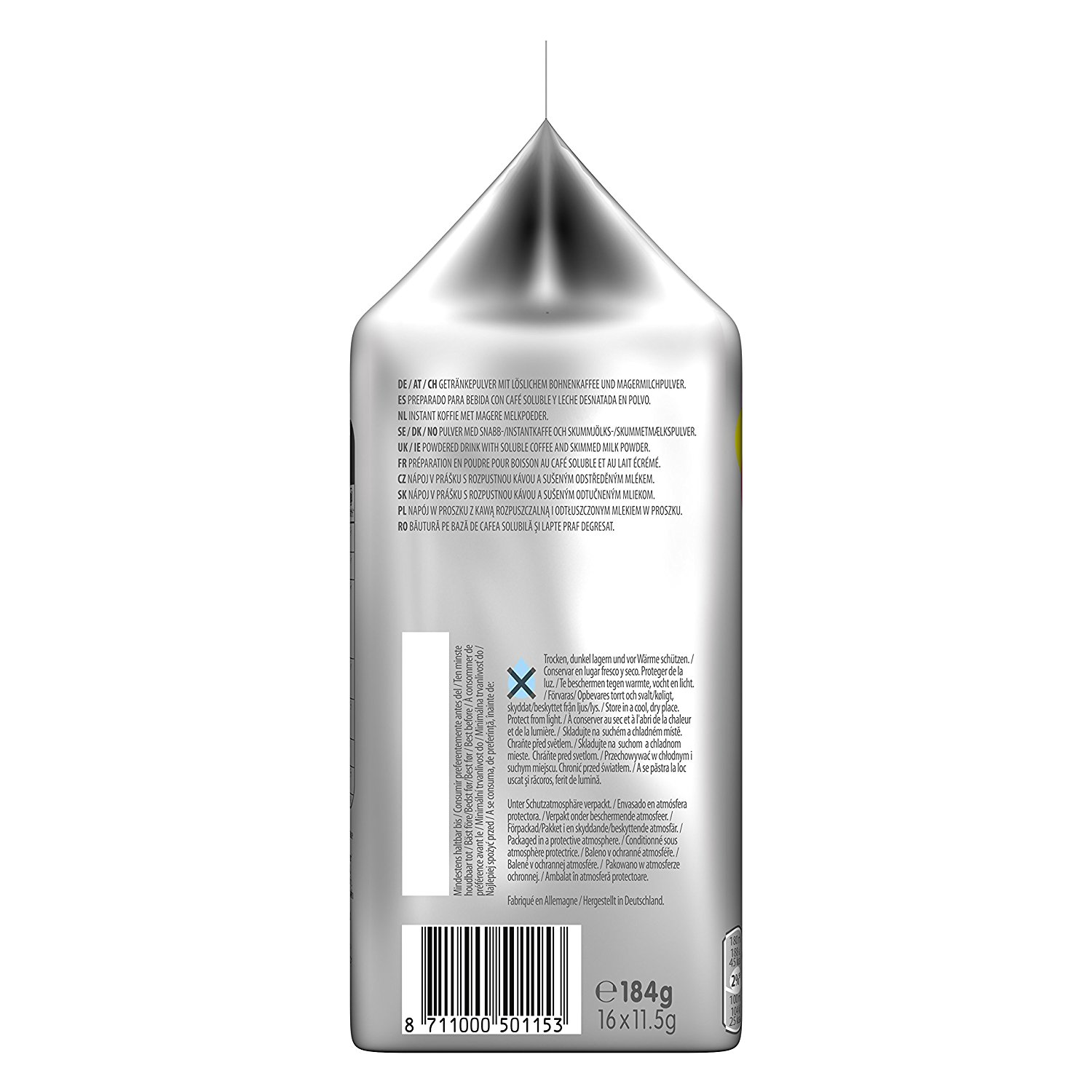 Ein Karton Kaffeepulver mit Text in mehreren Sprachen und Produktinformationen.