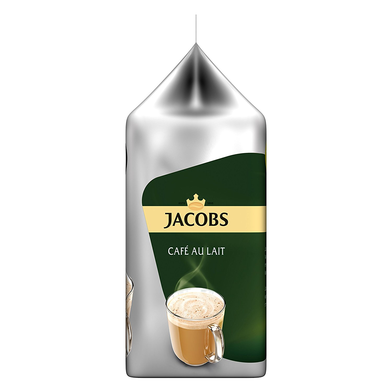 Eine silberne Kaffeetüte mit dem Text "JACOBS CAFÉ AU LAIT" und einer Kaffeetasse.