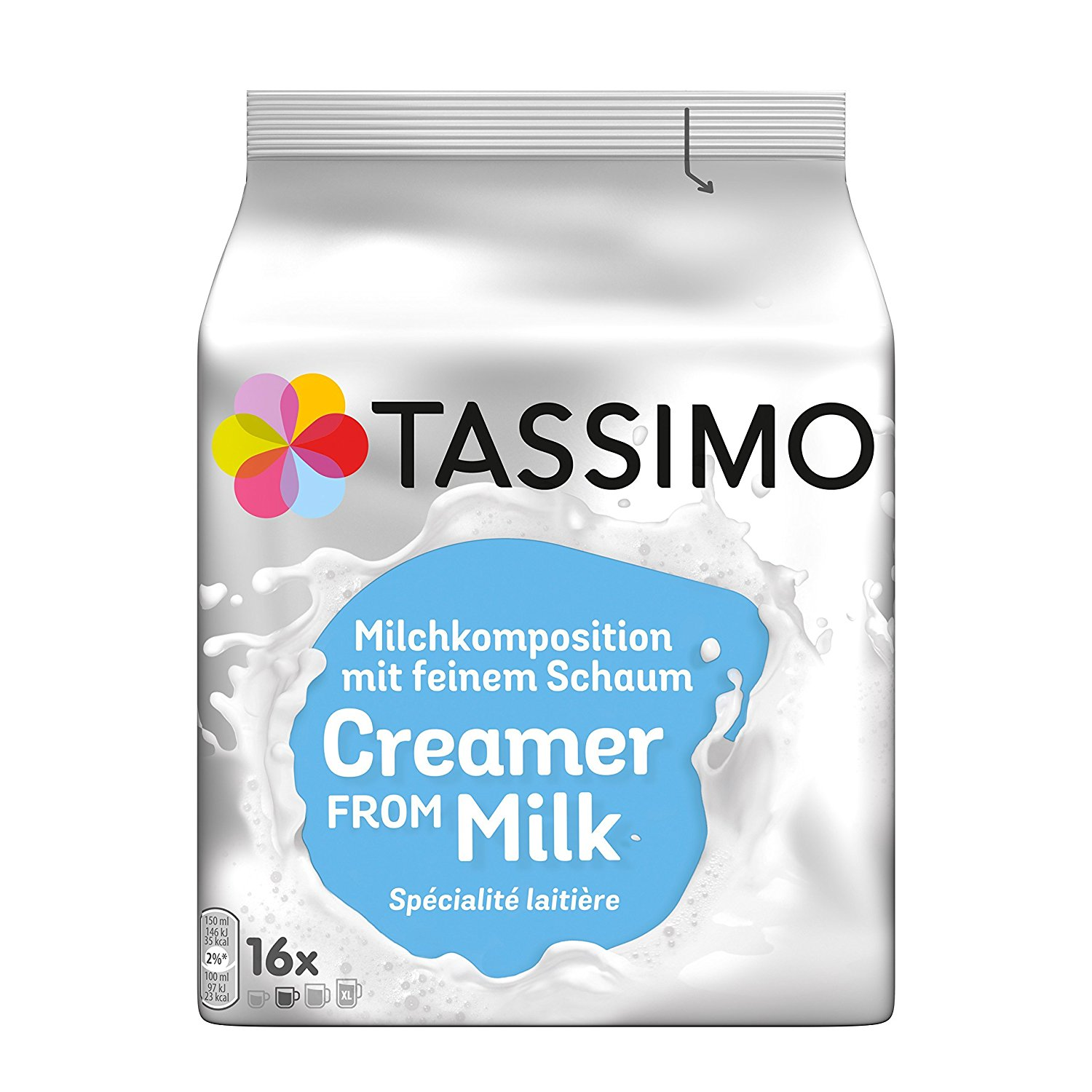 Tassimo Milch-Sahne-Packung. Weißer Hintergrund, Spritzeffekt, blauer Text und farbenfrohes Logo.
