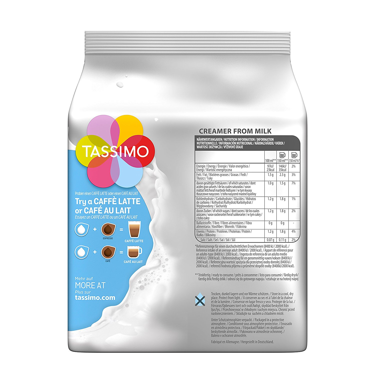 Weiße Packung Tassimo Creamer From Milk, mit Nährwertangaben in mehreren Sprachen.