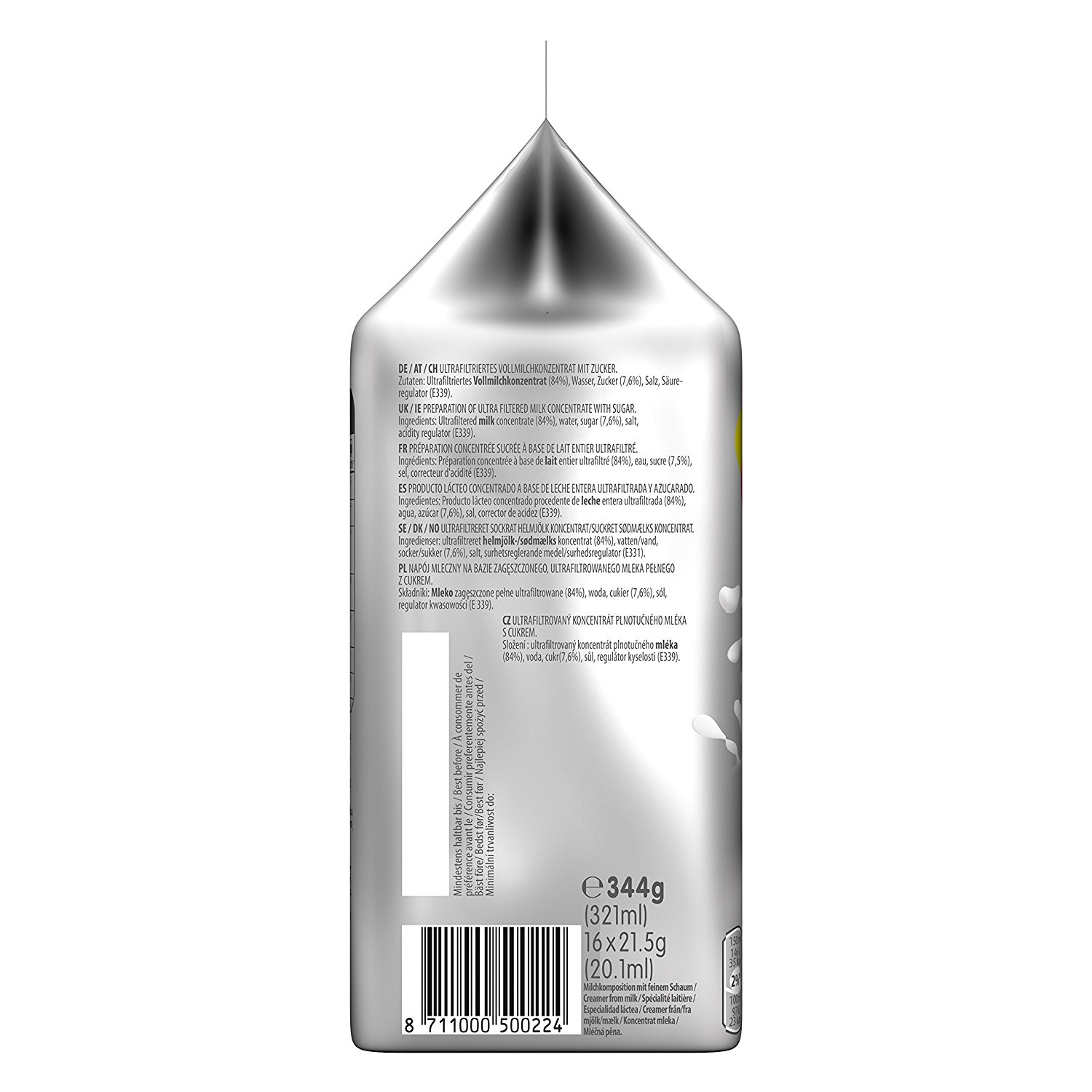 Die Rückseite eines Milchkartons. Text in mehreren Sprachen, 344g und 16x21,5g.