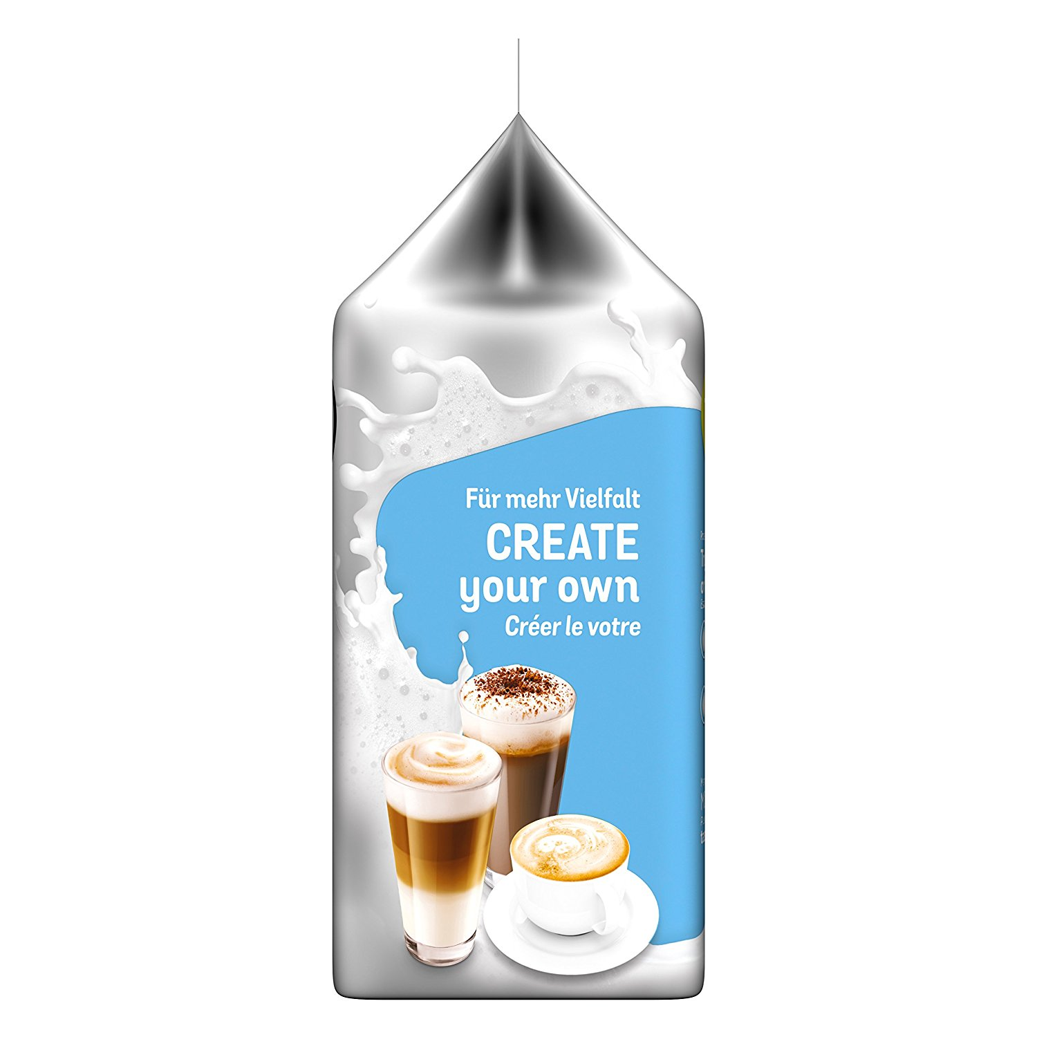 Milchkarton mit Text und Bildern von Kaffeegetränken. Blaues und weißes Farbschema.