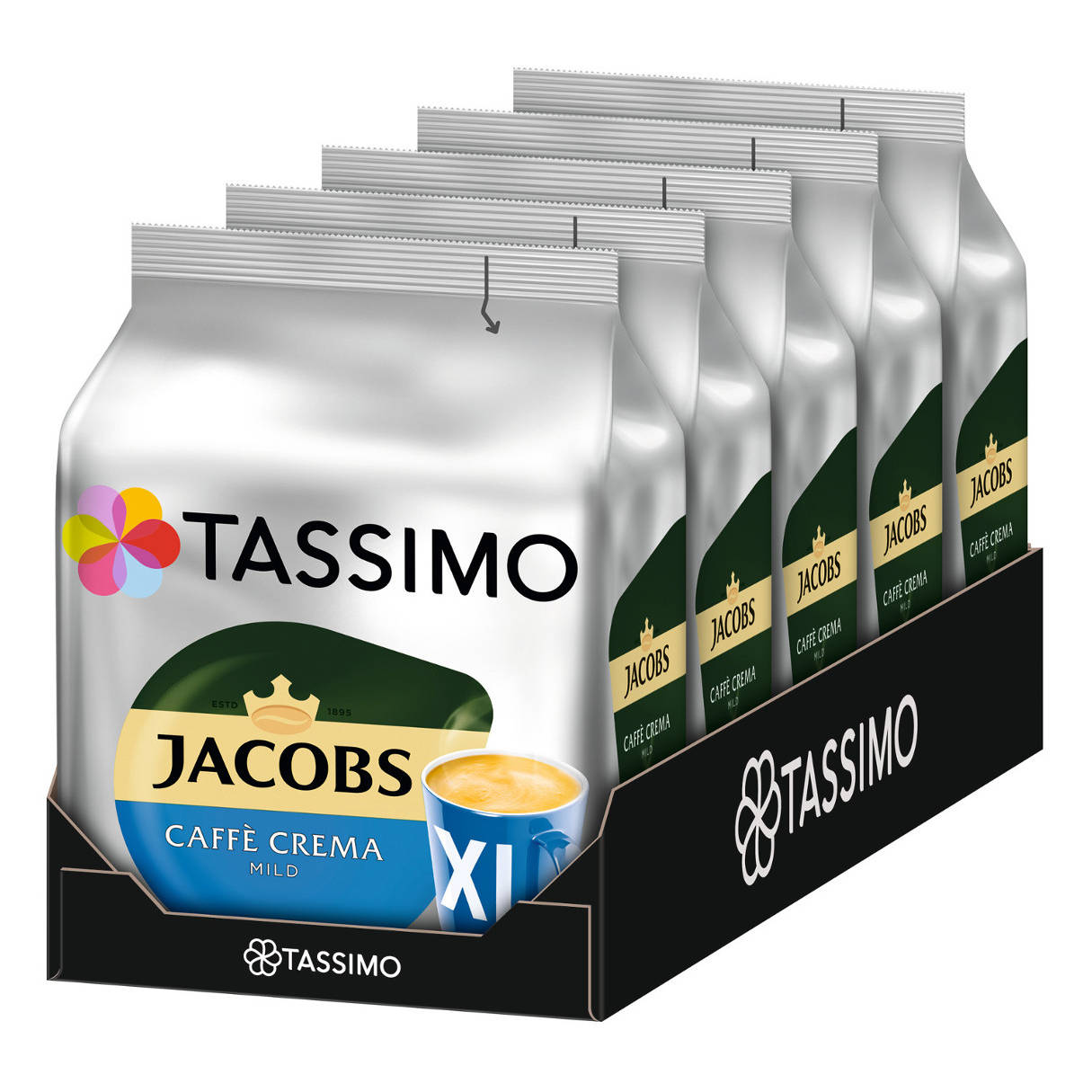 Eine Schachtel mit Tassimo-Kaffeepads. Die Schachtel zeigt die Marke Jacobs und ein Kaffeetassenbild.