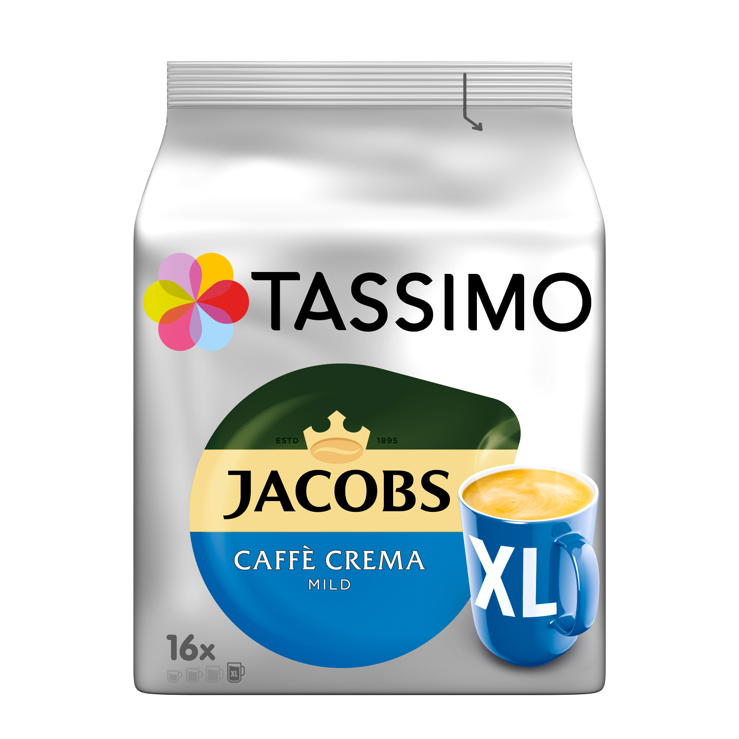 Eine Kaffeetüte mit einer Kaffeetasse. Auf der Tüte steht Tassimo Jacobs. Auf der Tasse steht XL.