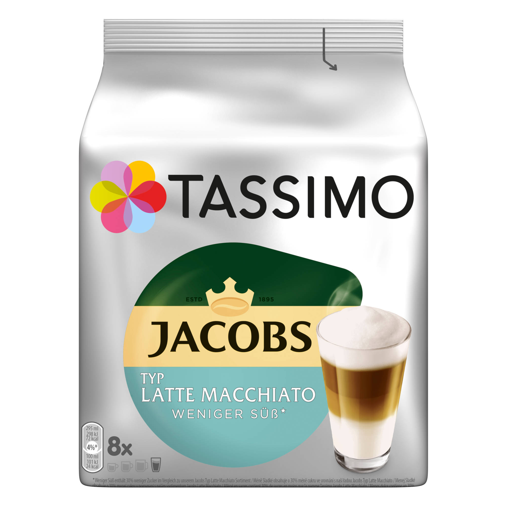 Eine Packung Jacobs Typ Latte Macchiato Kaffeepads. Die Verpackung ist weiß und grün.