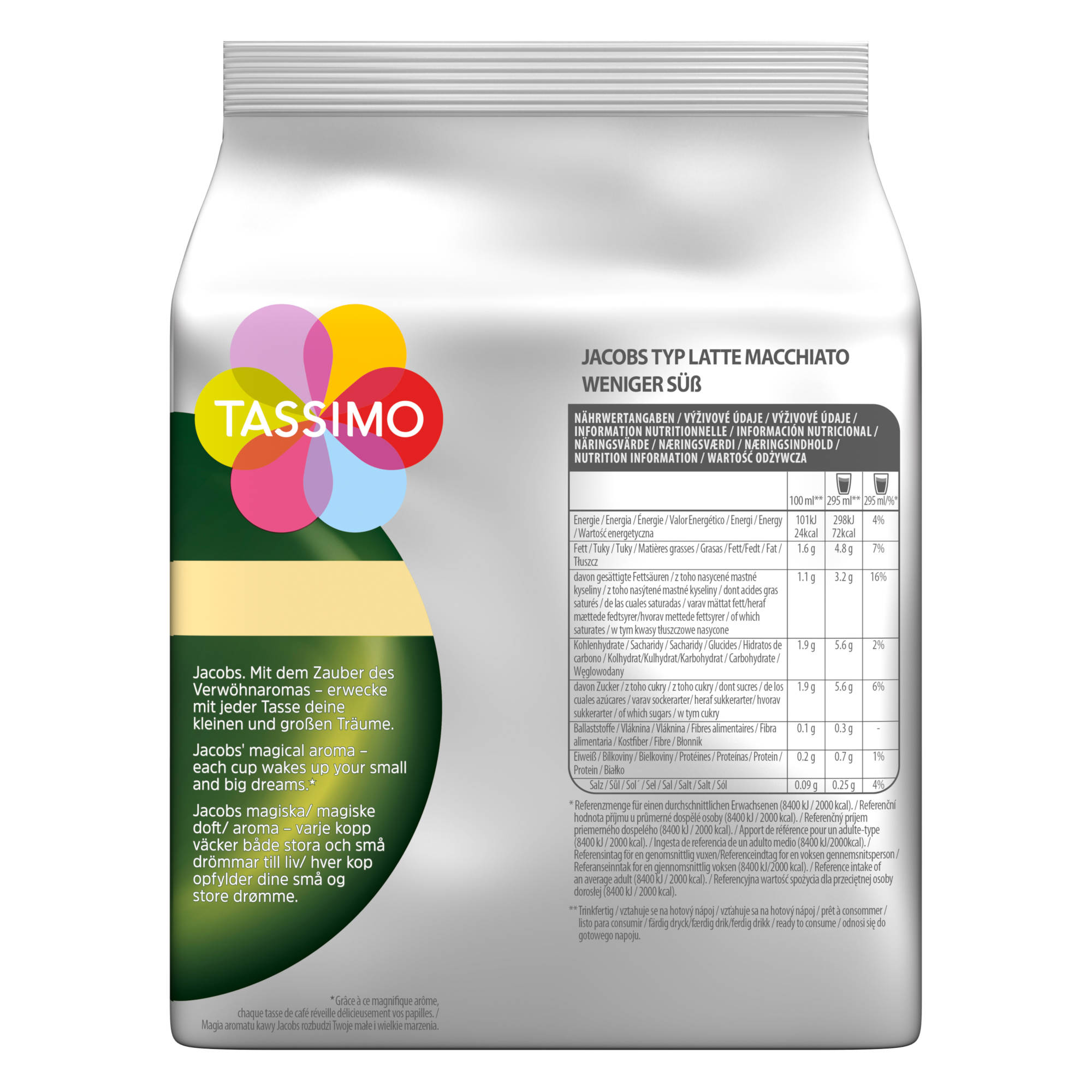 Eine Tassimo Kaffee-Verpackung mit Nährwertangaben und Text auf Deutsch.