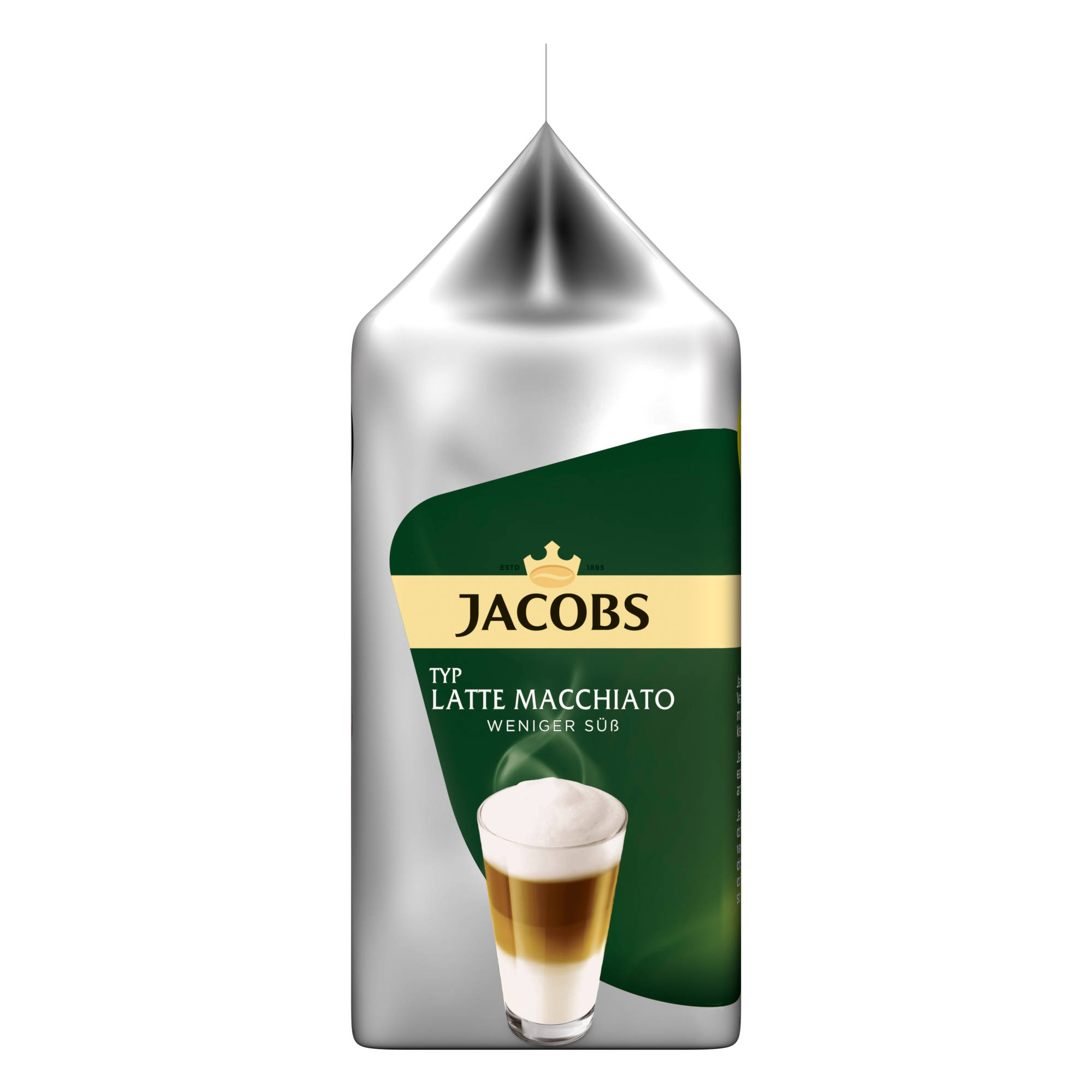 Packung Jacobs Typ Latte Macchiato Kaffee. Ein Glas mit geschichtetem Kaffee und Milch ist auf der Packung.