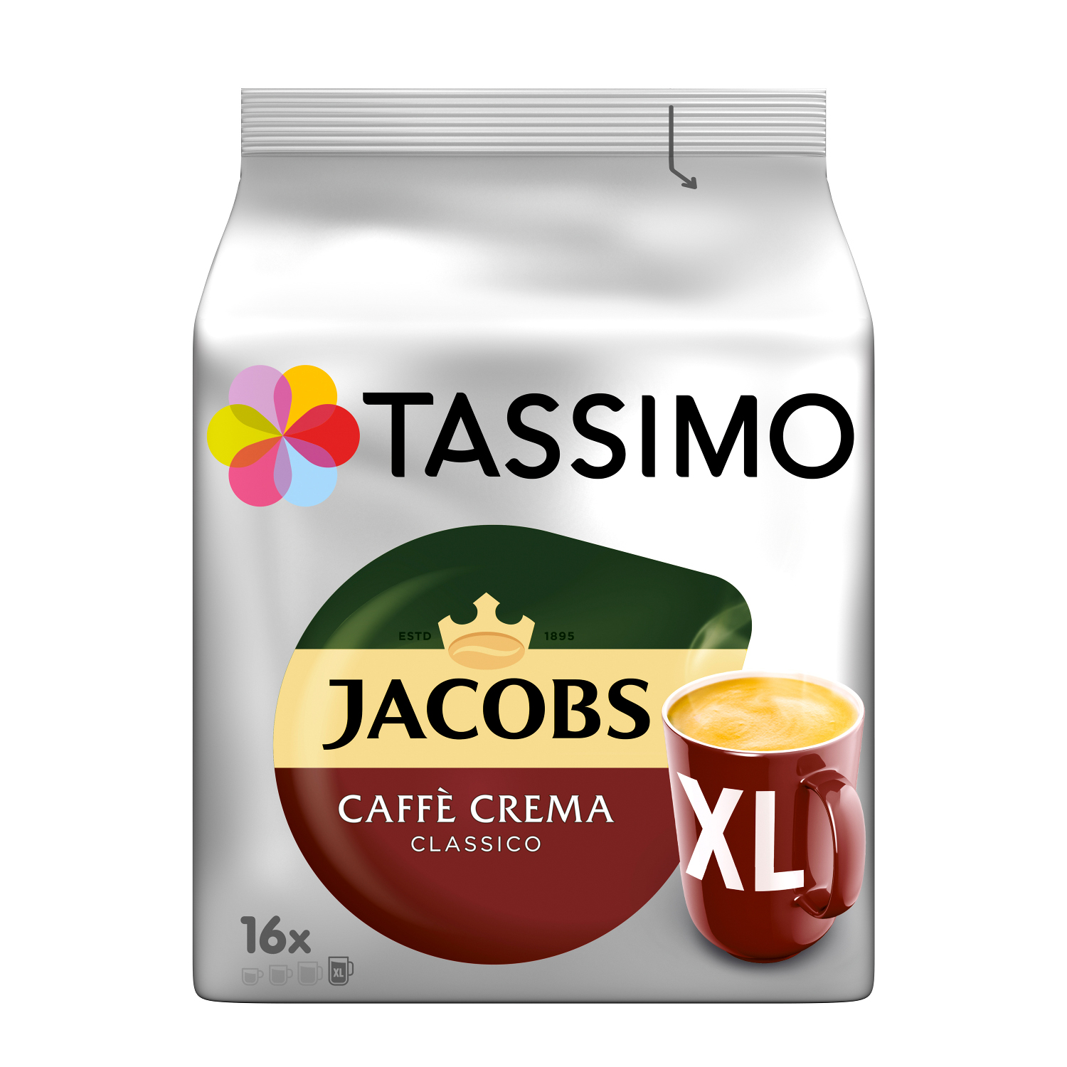 Kaffeepackung mit roter Tasse, Text 'JACOBS CAFFE CREMA CLASSICO' vorne.