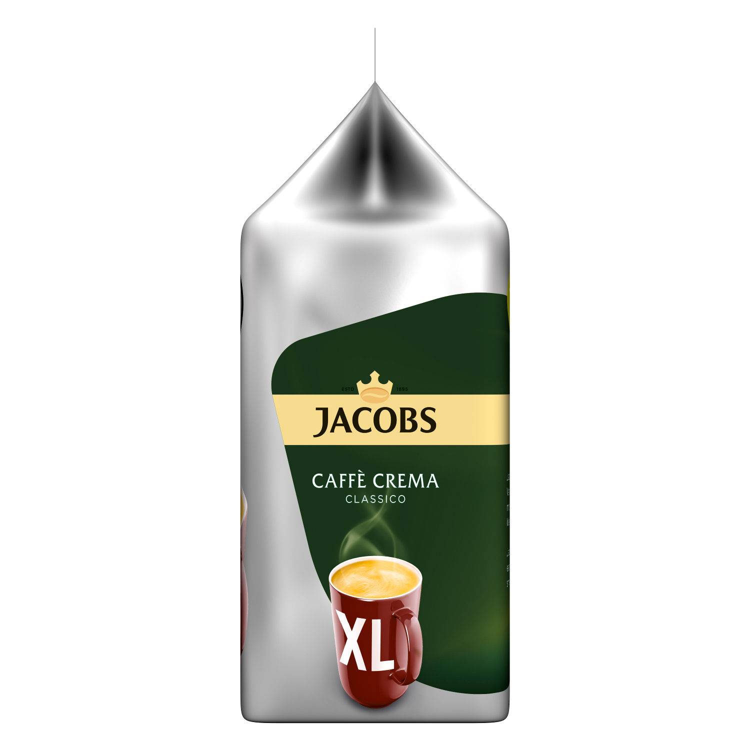 Jacobs-Kaffeepackung mit Kaffeetassen-Illustration. Rote Tasse mit Dampf.