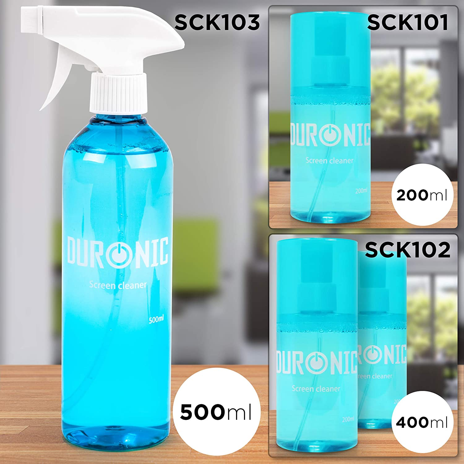 Drei Flaschen Bildschirmreiniger mit blauer Flüssigkeit und weißen Sprühgeräten.