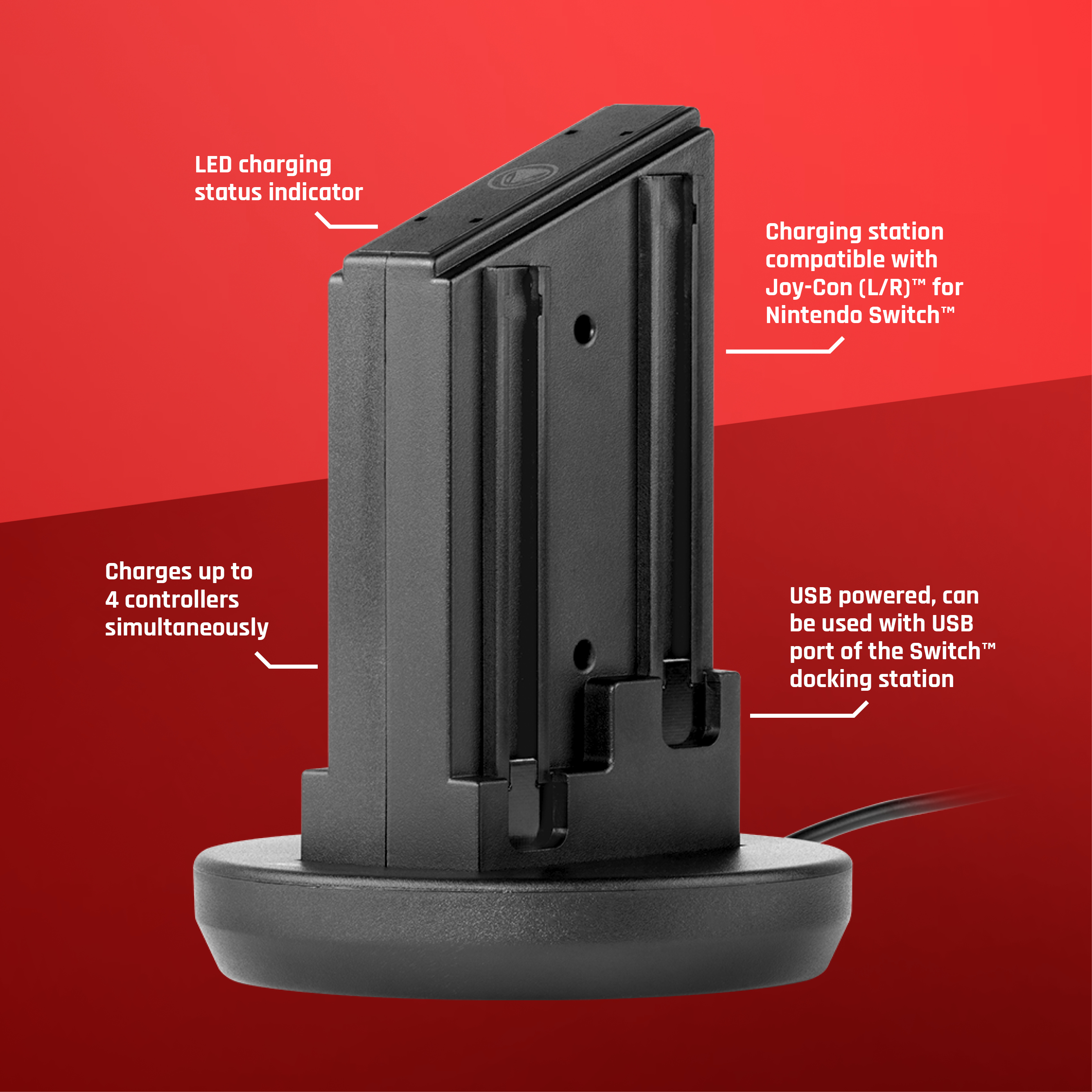 Schwarze Ladestation für Nintendo Switch-Controller. Roter Hintergrund.
