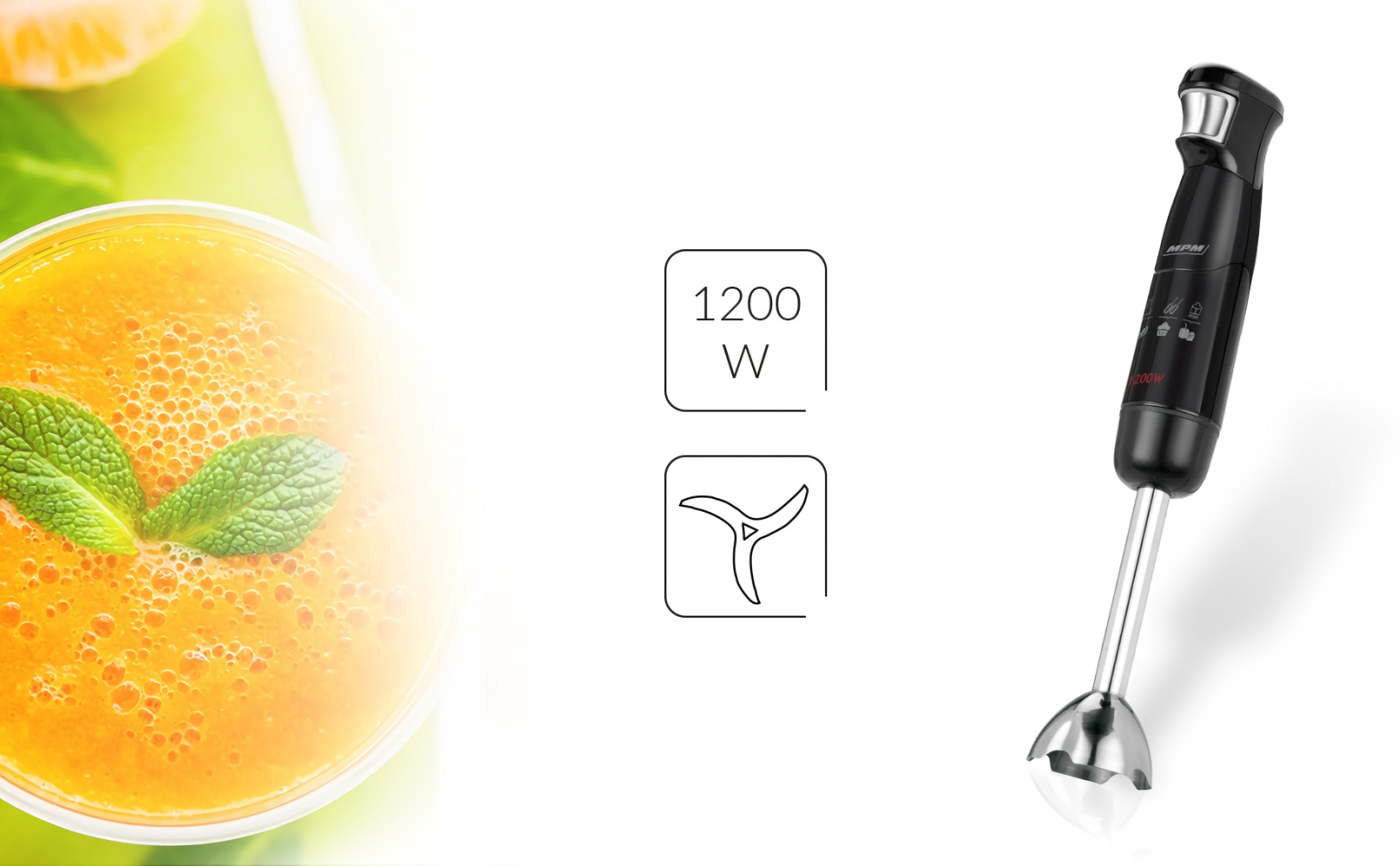 Batidora de mano negra con 1200W a la derecha. Una taza de batido de naranja con menta a la izquierda.