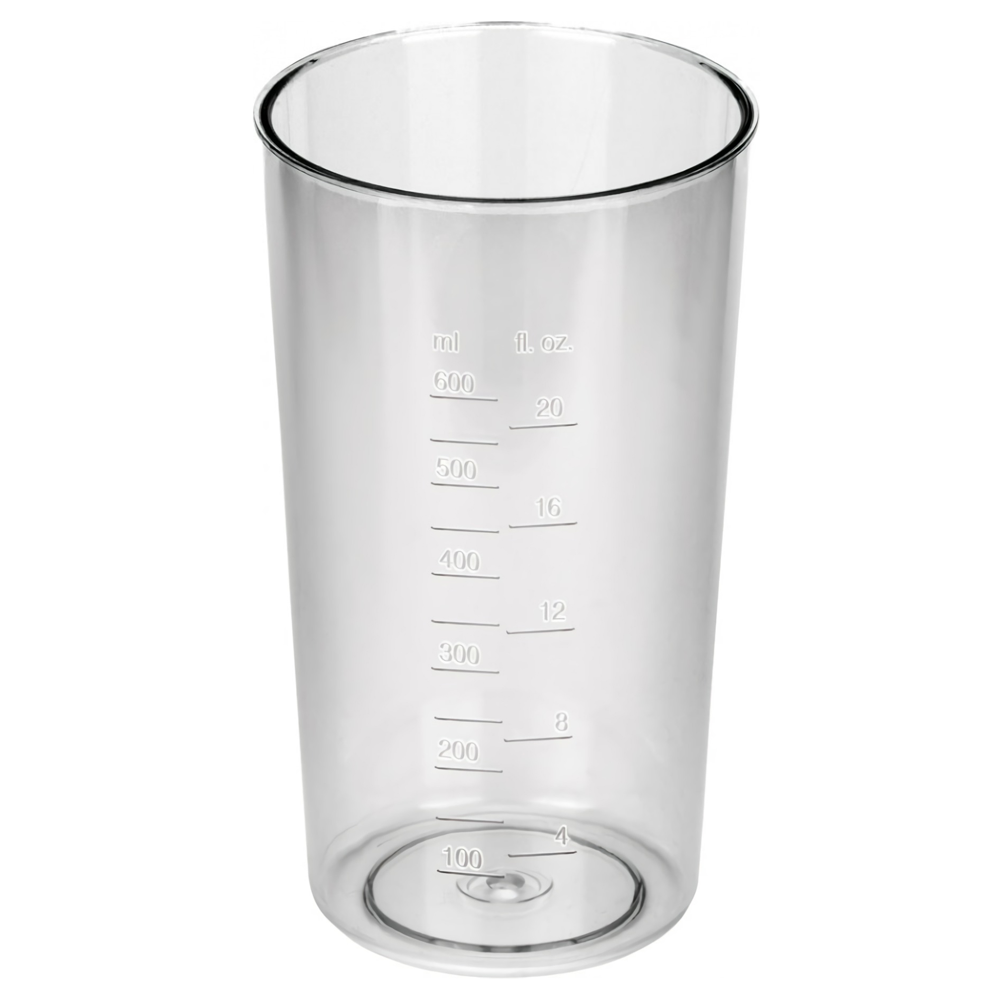 Vaso medidor de plástico transparente con marcas para ml y fl oz, fondo blanco.