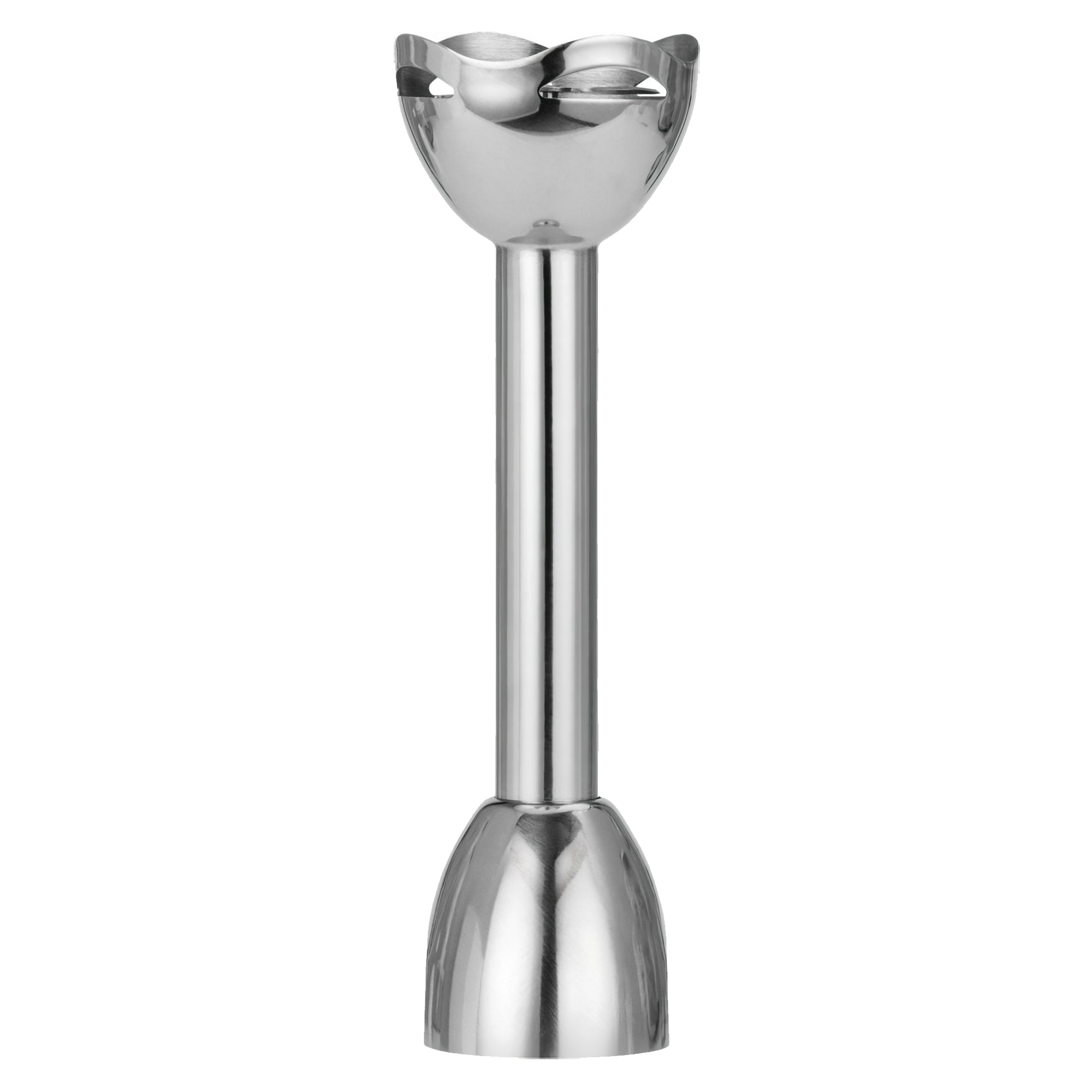 Edelstahl-Stabmixer auf weißem Hintergrund, Nahaufnahme.