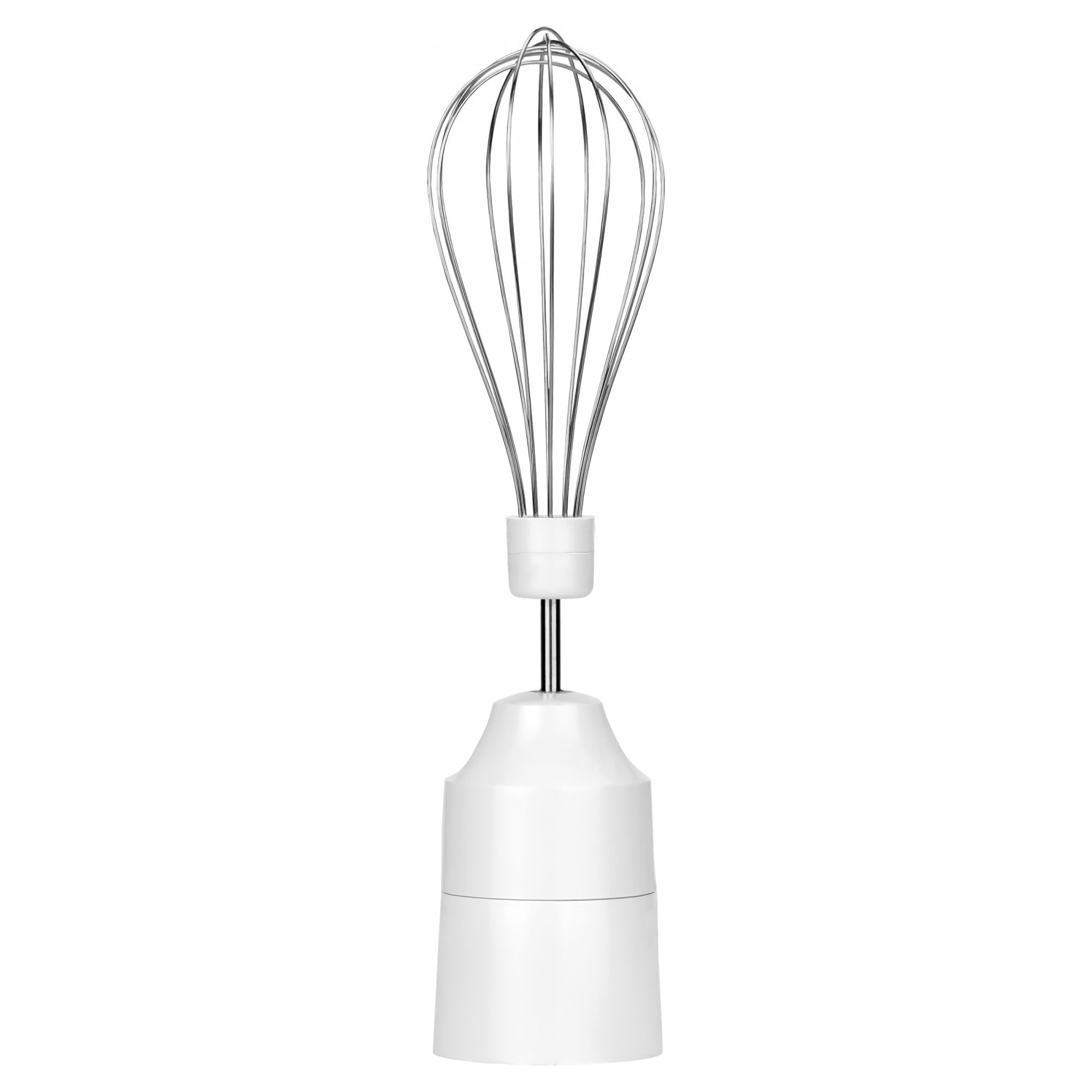 Ein weißer Aufsatz für einen Stabmixer mit einem Schneebesen aus Edelstahl. Isoliert auf Weiß.