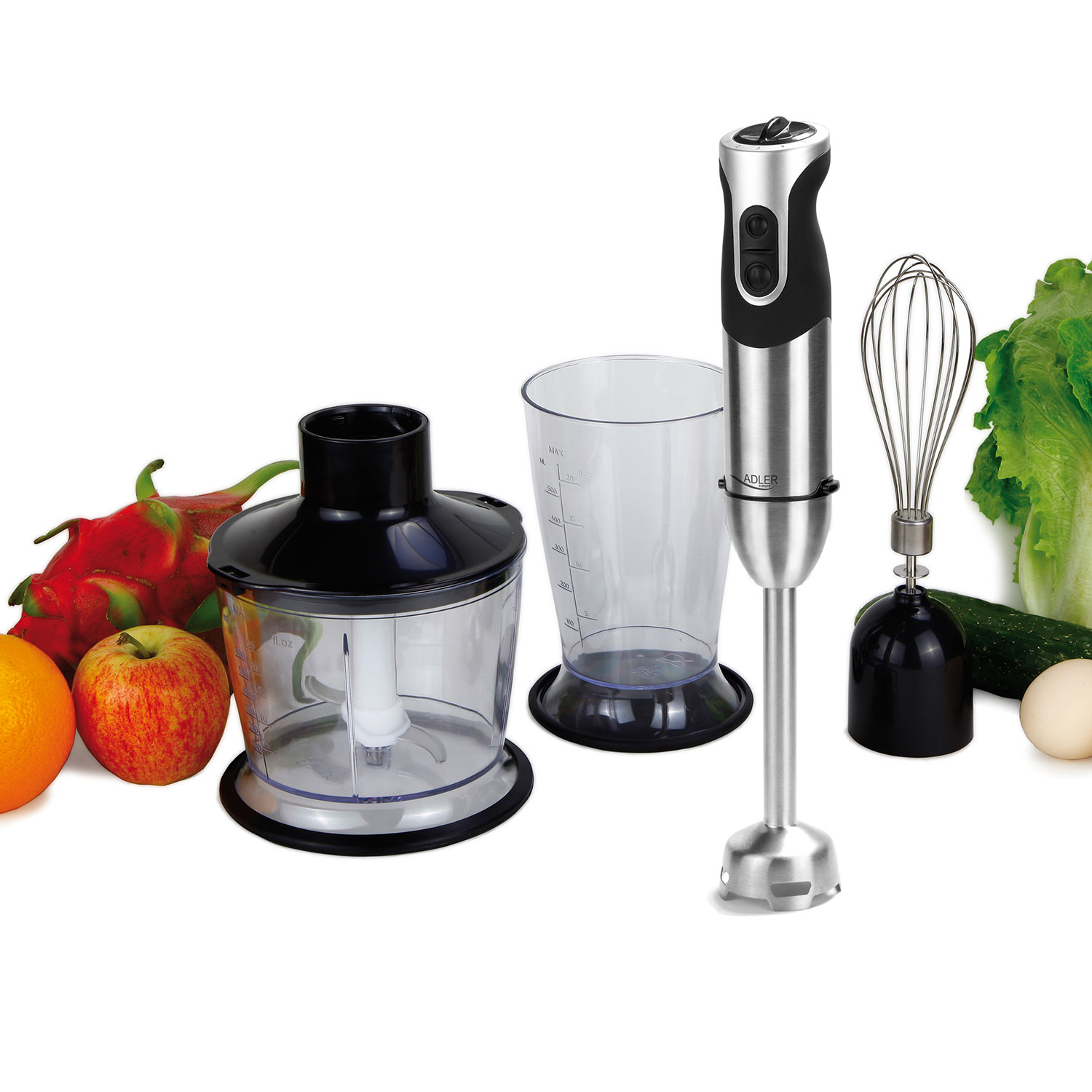 Handrührgerät-Set mit Obst, Gemüse und anderem Zubehör.