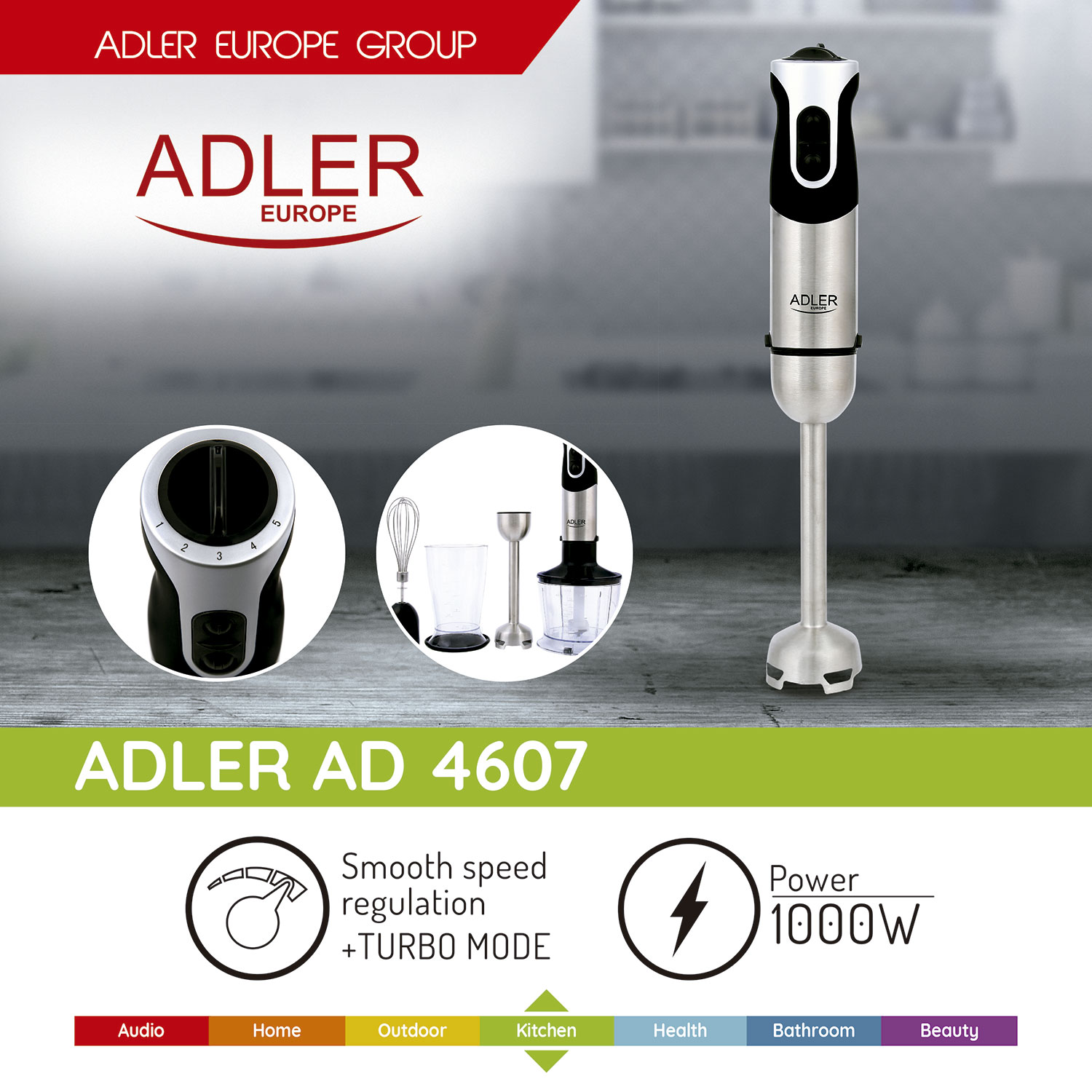 Adler-Mixer mit Zubehör. Er ist silber und schwarz. Hat Leistungs- und Drehzahlregelung.