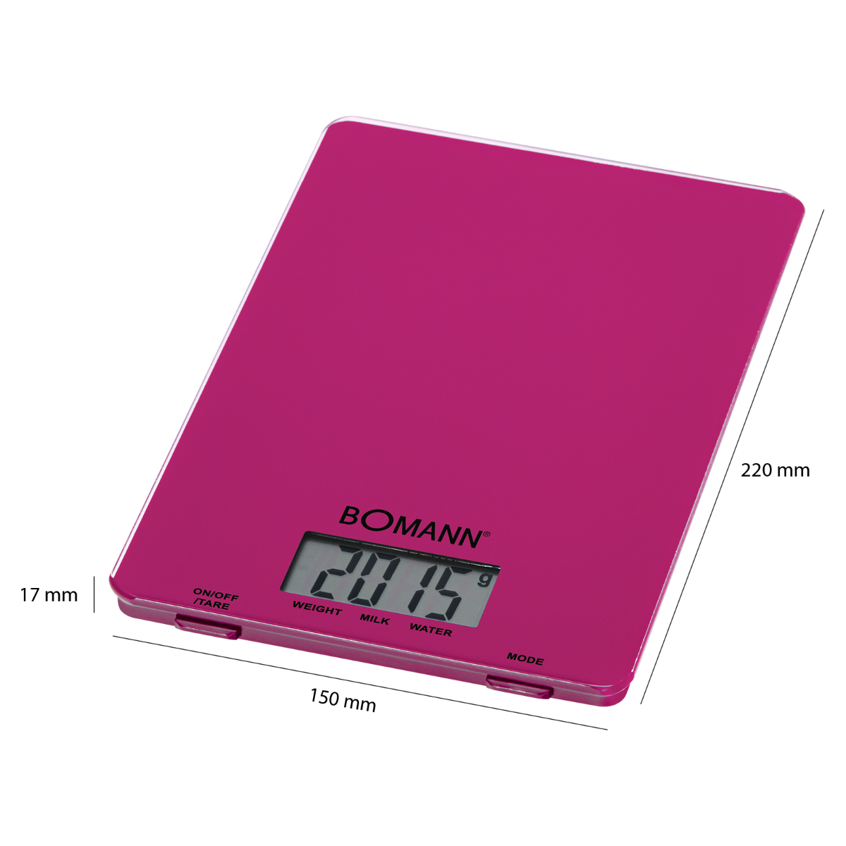 Różowa waga cyfrowa z wyświetlaczem pokazującym 2015. Zawiera przyciski Wł./Wył., Tara i Tryb.
