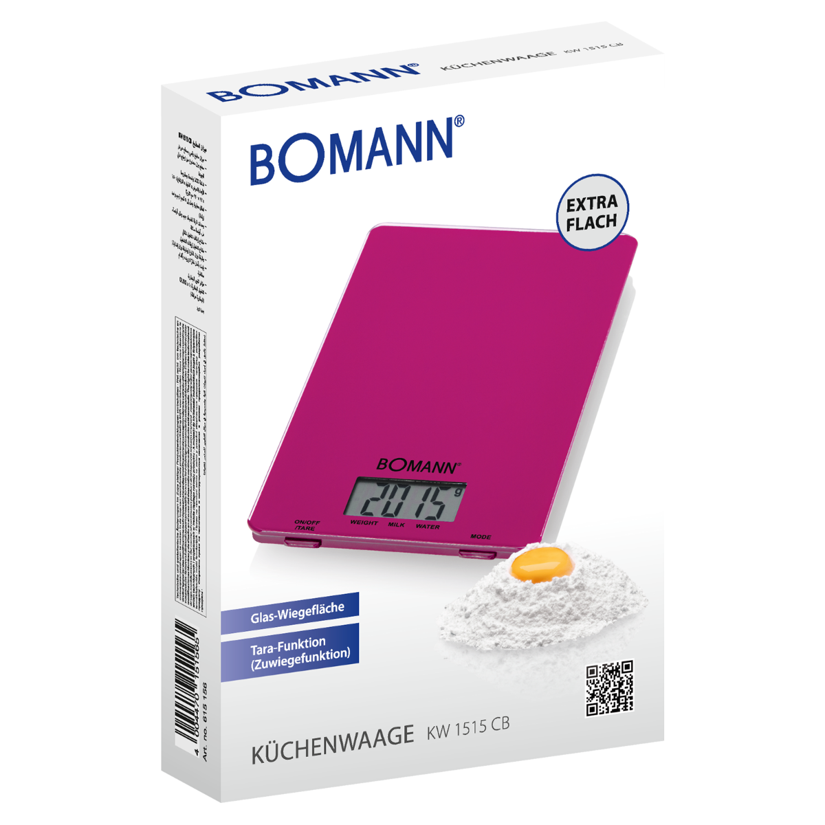 Pudełko z różową wagą kuchenną z żółtkiem na mące.