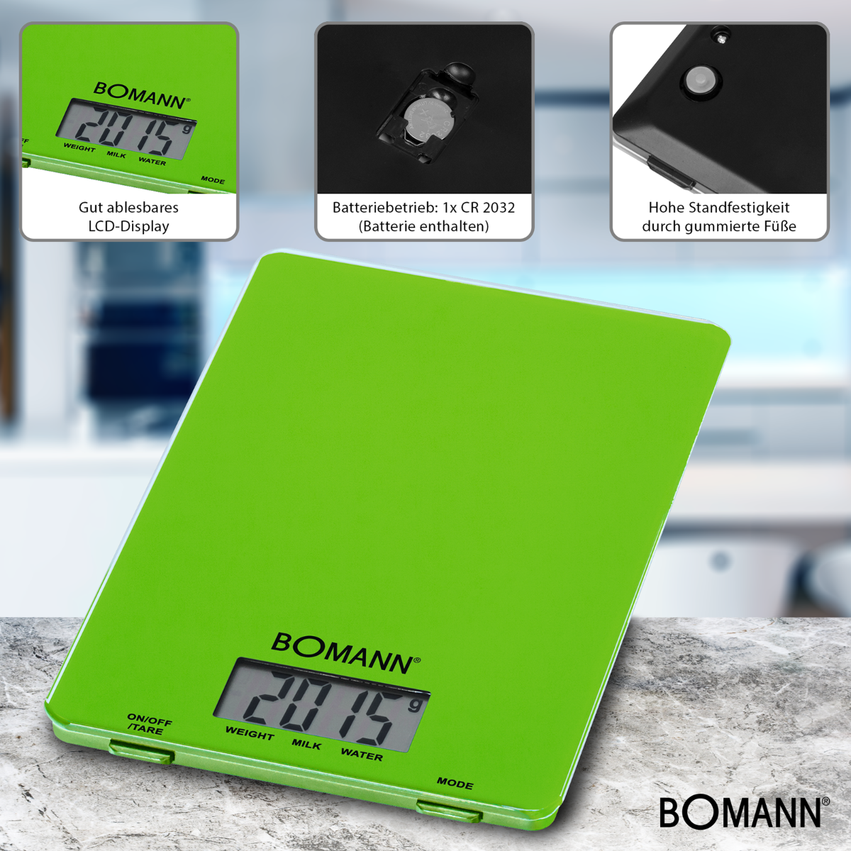 Zielona cyfrowa waga kuchenna z logo BOMANN i różnymi etykietami.