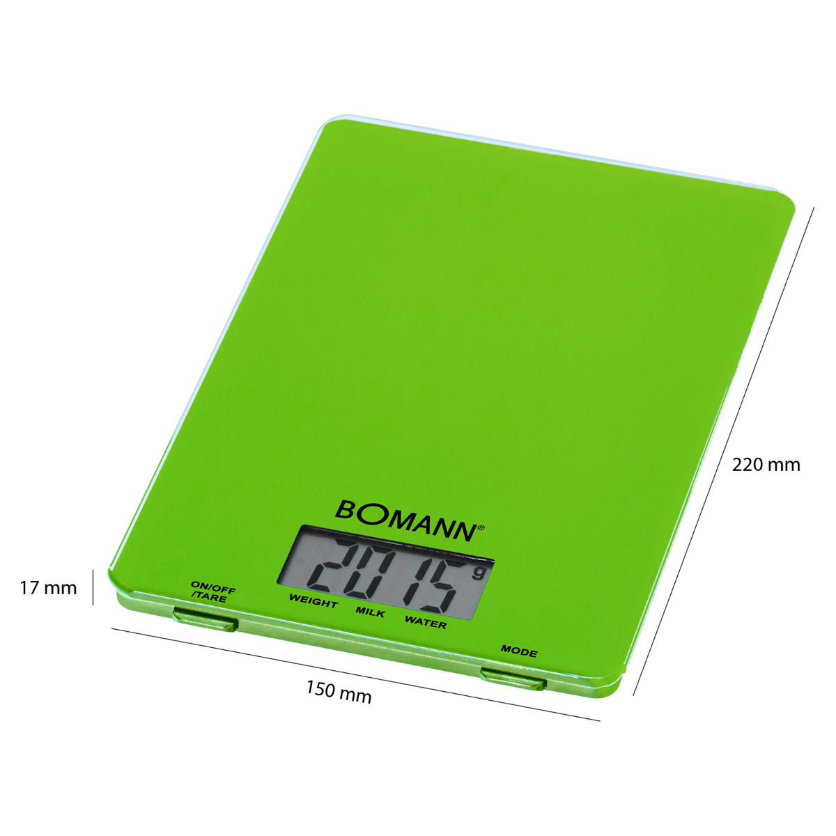 Zielona cyfrowa waga kuchenna. Wyświetla '2015' i ma przyciski dotykowe.